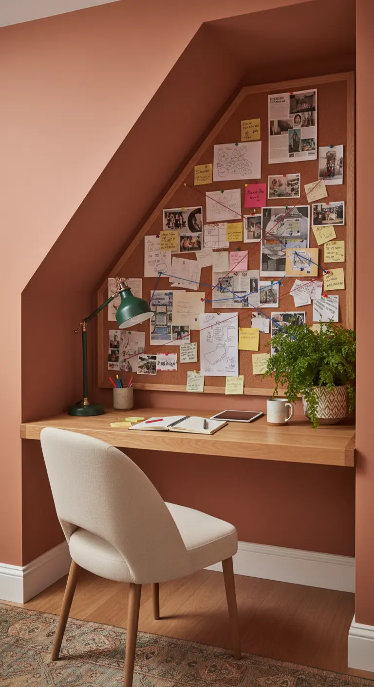 Scrivania su misura in una nicchia sottotetto con bacheca in sughero e sedia di design.