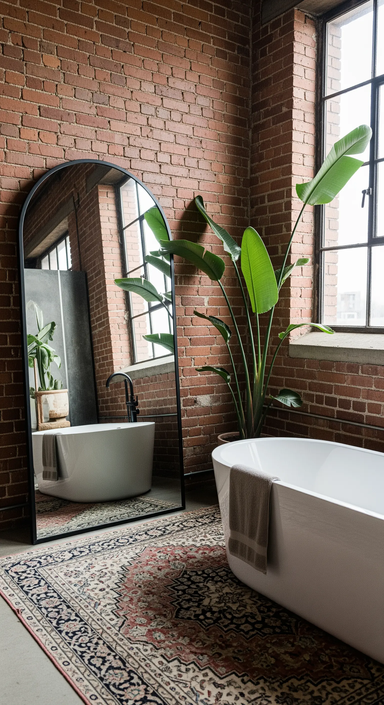 Bagno in stile loft con pareti in mattoni, specchio ad arco e tappeto persiano.