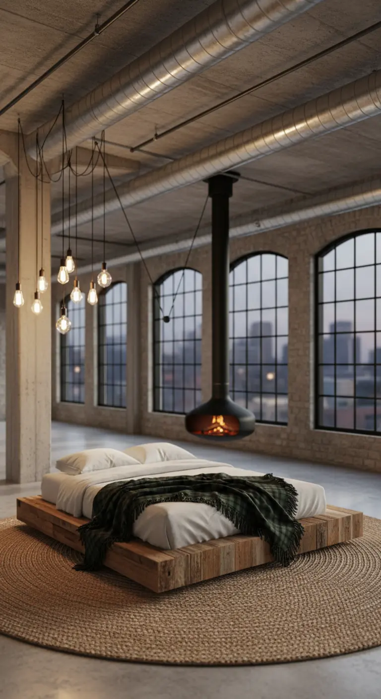 Camera da letto in un loft industriale con camino sospeso, letto basso e finestre ad arco.