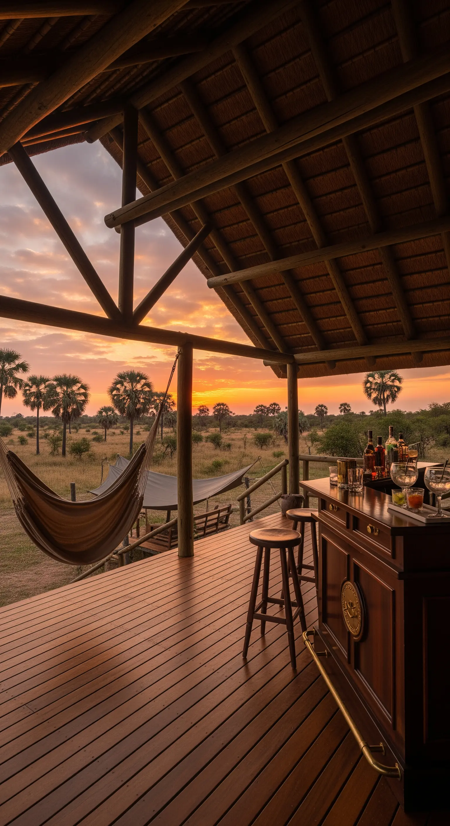 Portico in legno con tetto di paglia affacciato sulla savana al tramonto, con bar e amaca