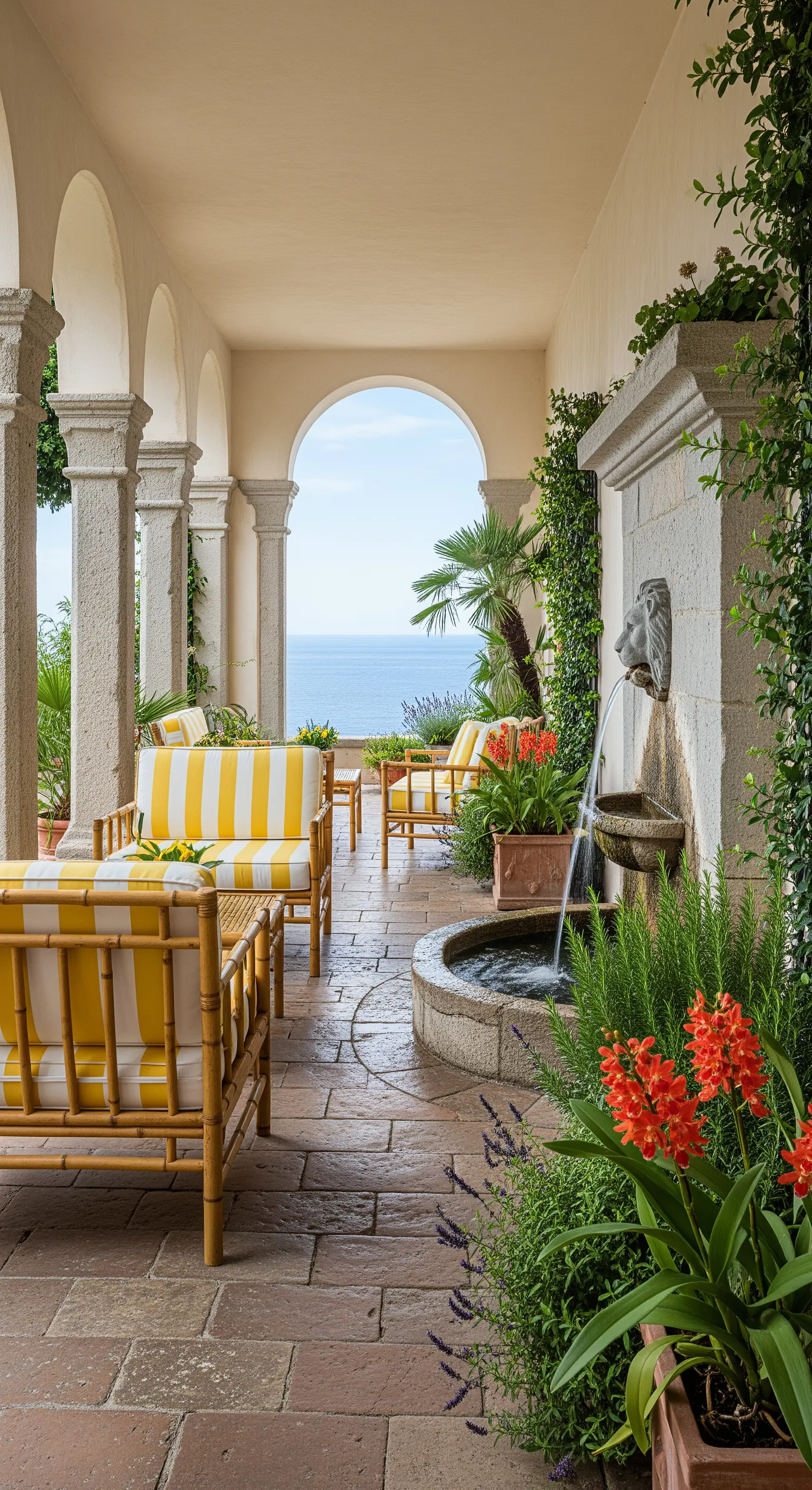 Loggia con archi affacciata sul mare, arredi in bambù a righe gialle e fontana in pietra.
