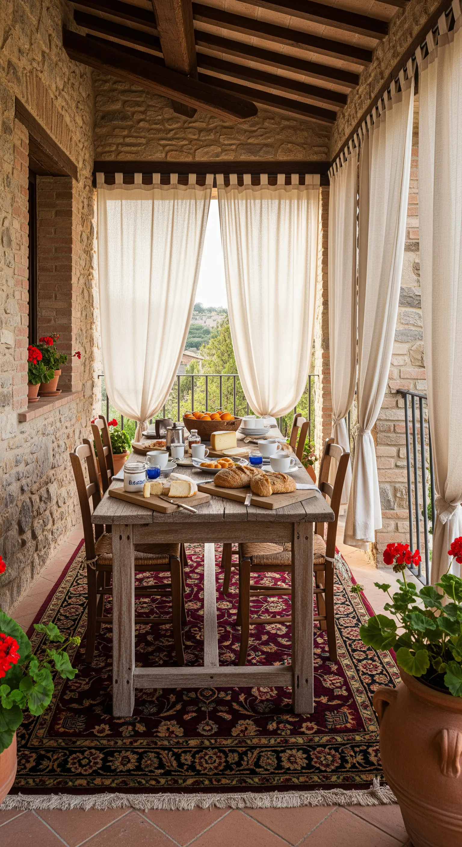 Tavolata sotto un portico in pietra, con un grande tappeto persiano e tende color crema.