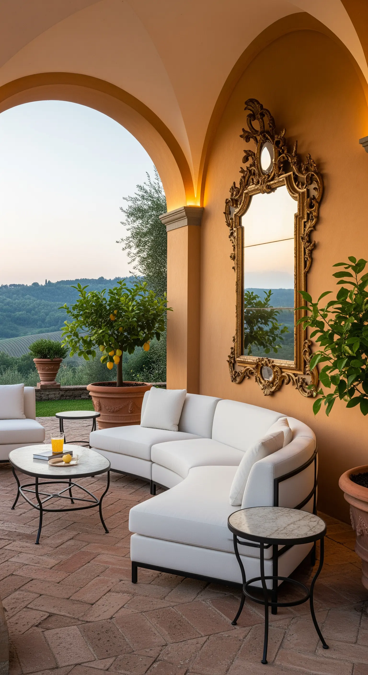Loggia toscana con pareti color terracotta, divano bianco curvo e un grande specchio barocco dorato