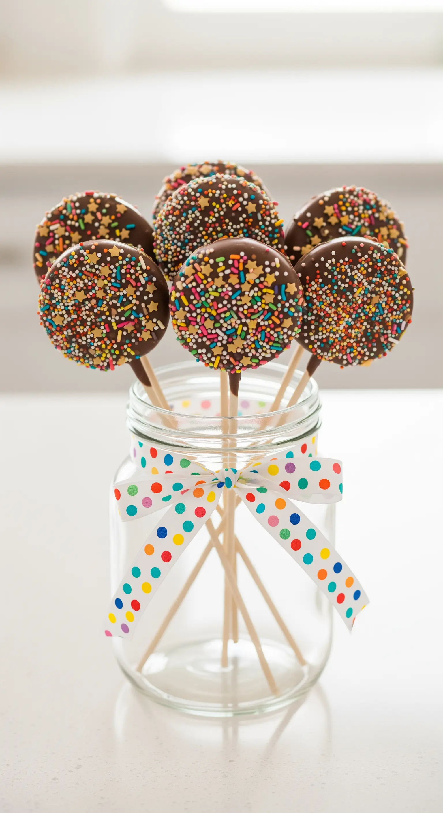 Lollipop di cioccolato ricoperti di zuccherini colorati, disposti in un barattolo con un nastro a pois.