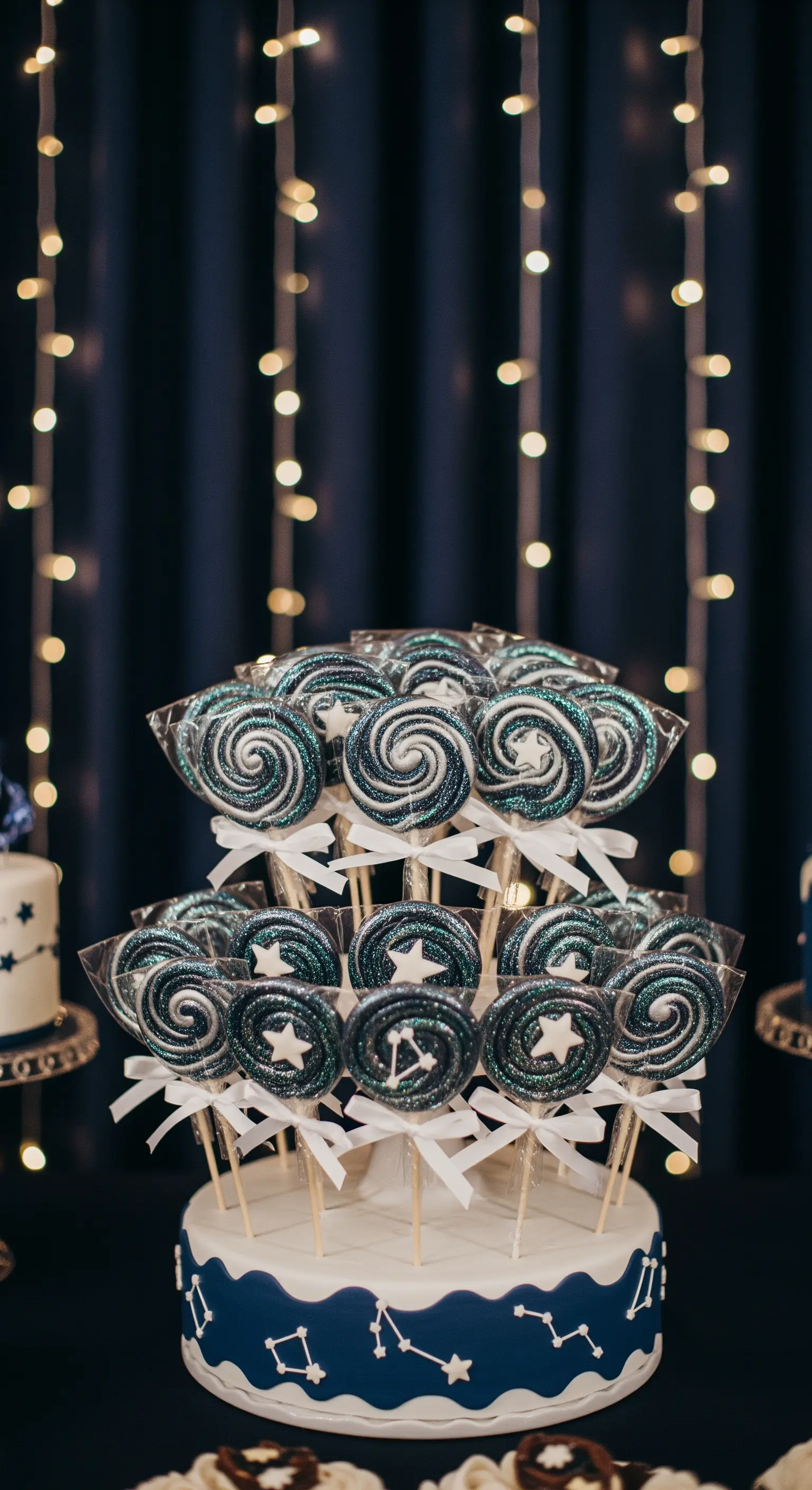 Lecca lecca a tema galassia con glitter, esposti su un'alzata a tema costellazioni.