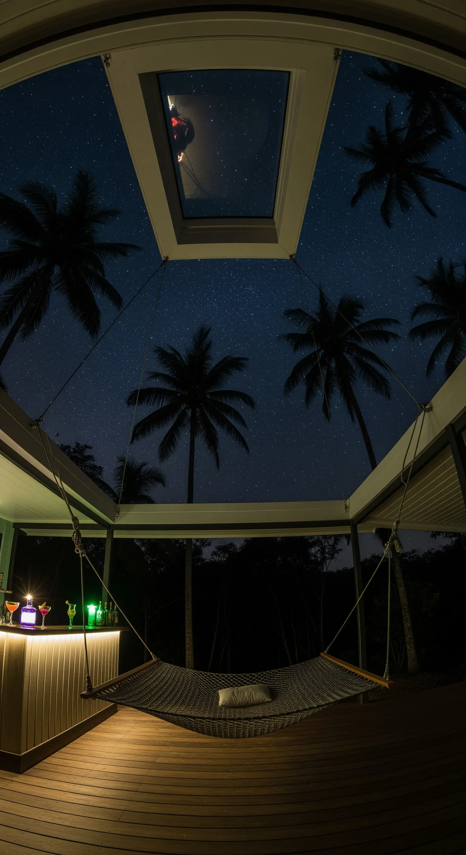 Portico di notte con lucernario per vedere le stelle, bar illuminato e amaca a rete sospesa
