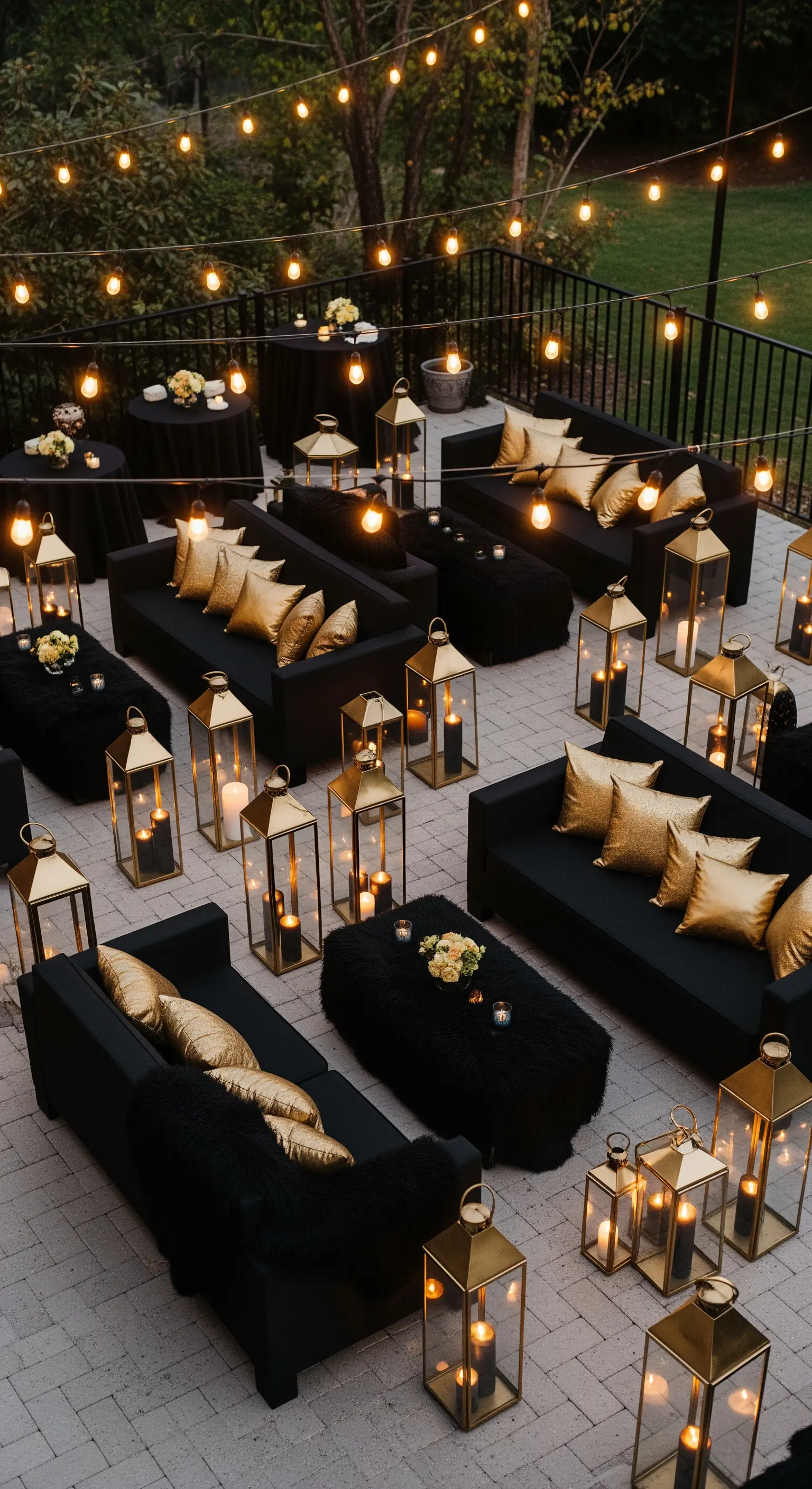 Allestimento lounge in giardino con divani neri, cuscini oro, lanterne e luci a catenaria.