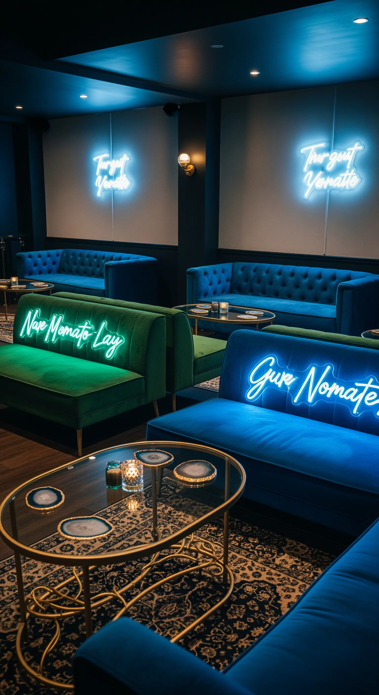 Angolo lounge con divani in velluto blu e verde e insegne luminose al neon.