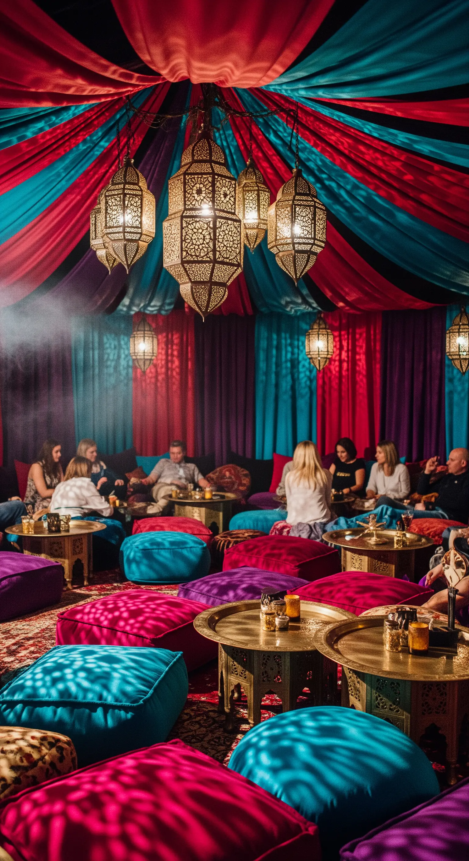 Lounge in stile marocchino con tessuti colorati, cuscini a terra e lanterne appese.