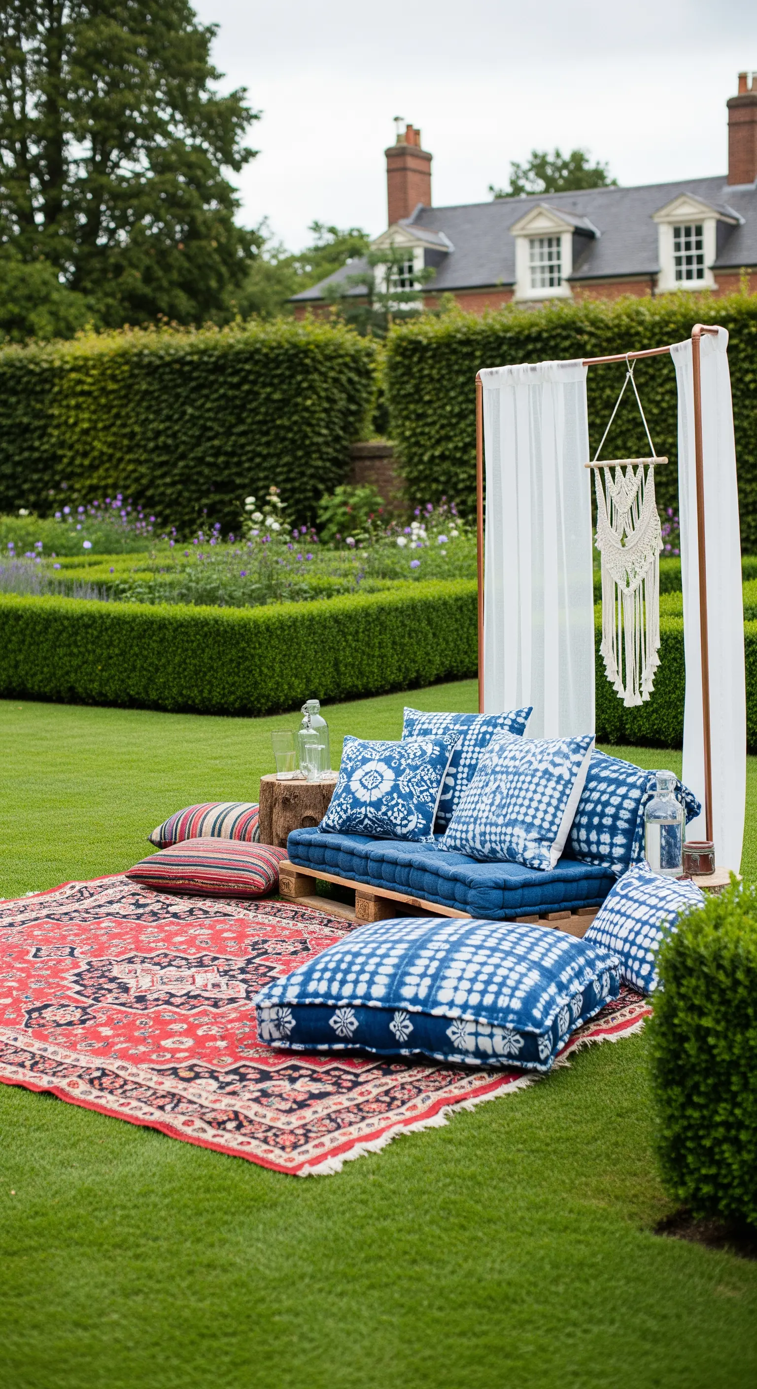Allestimento bohémien su un prato con divano su pallet, tappeto persiano e cuscini blu
