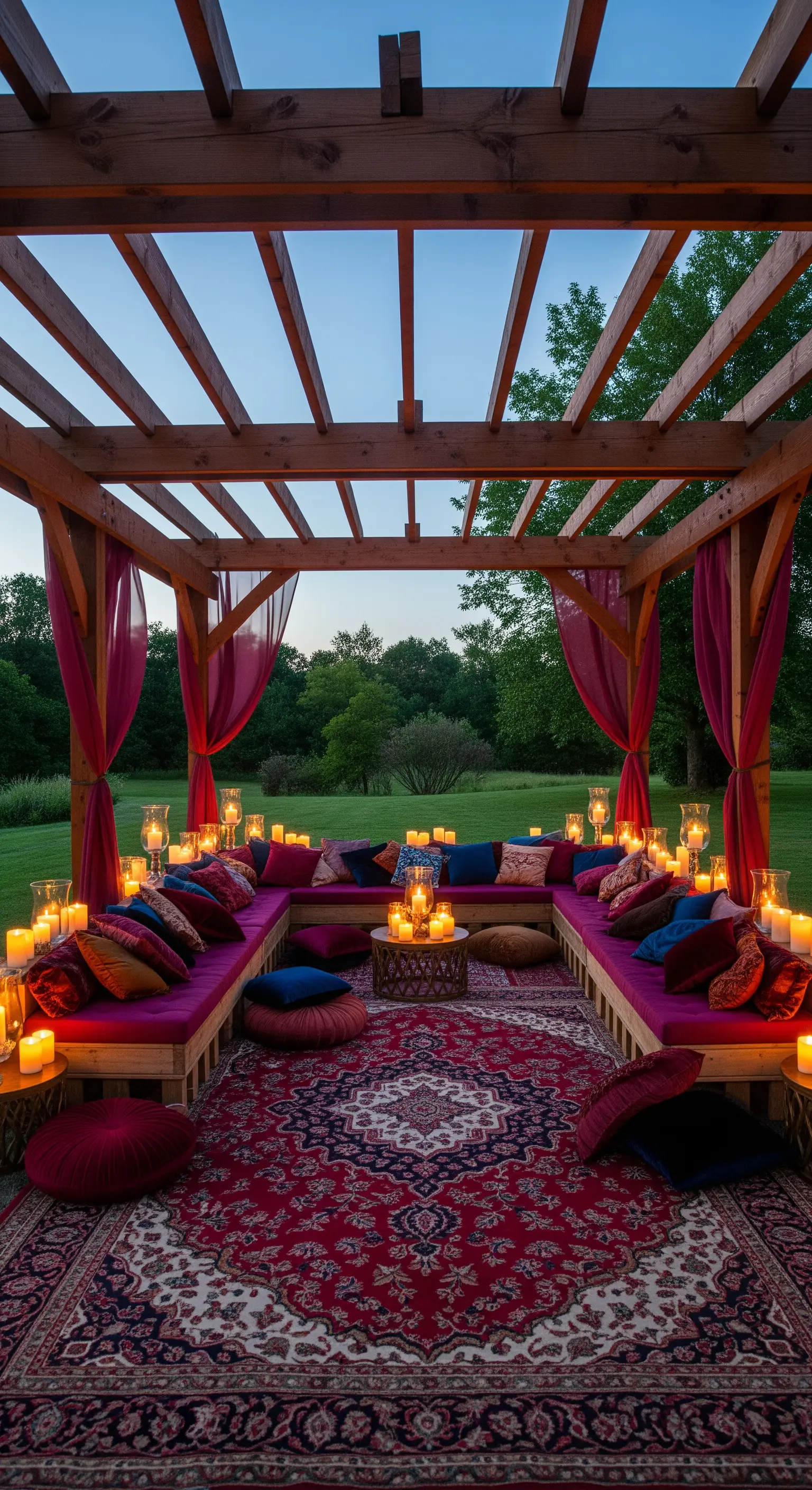 Pergolato di notte con divani a U, cuscini in velluto, tende viola e decine di candele.