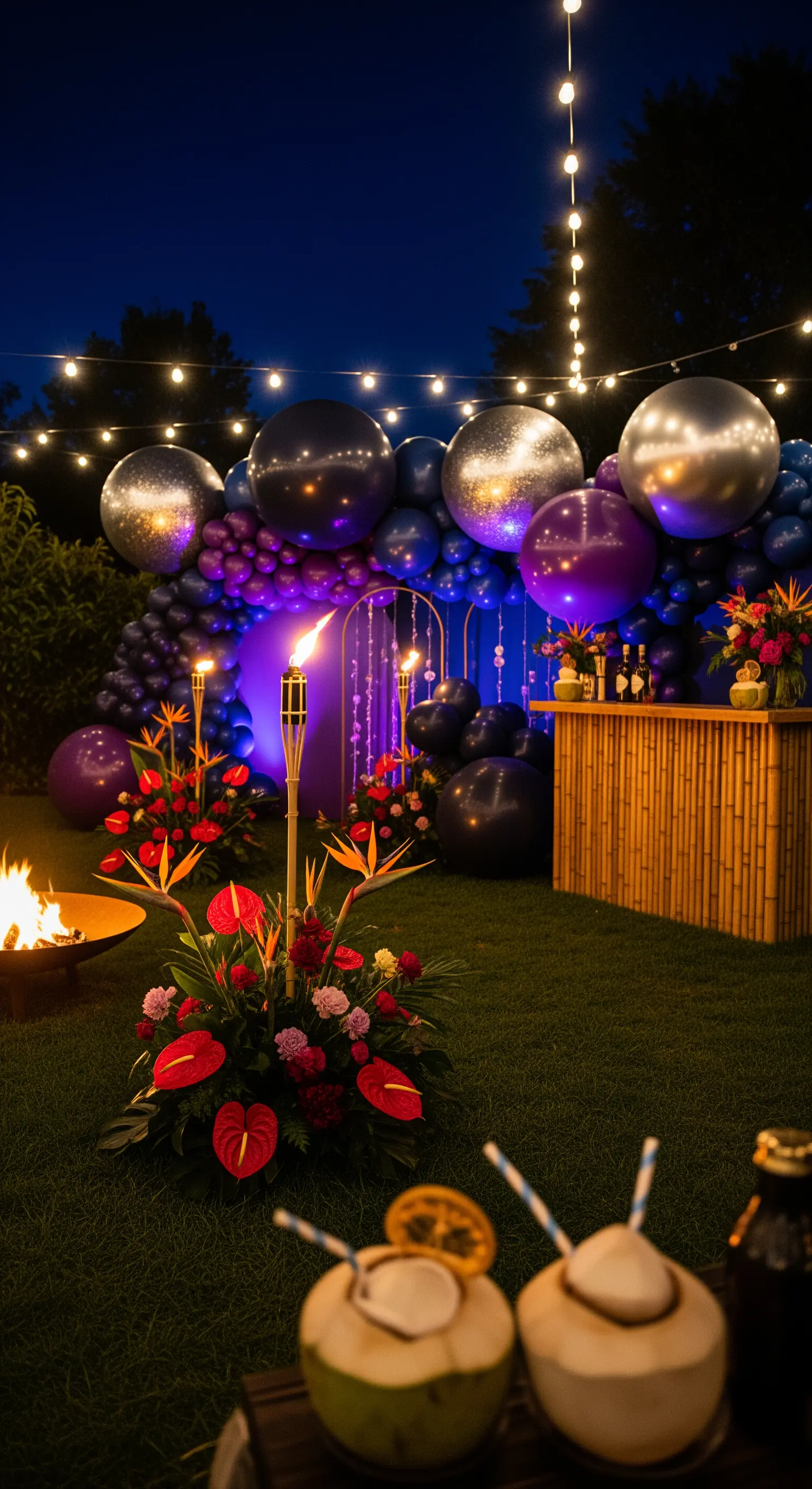 Festa notturna in giardino con torce tiki, lucine e palloncini metallizzati.