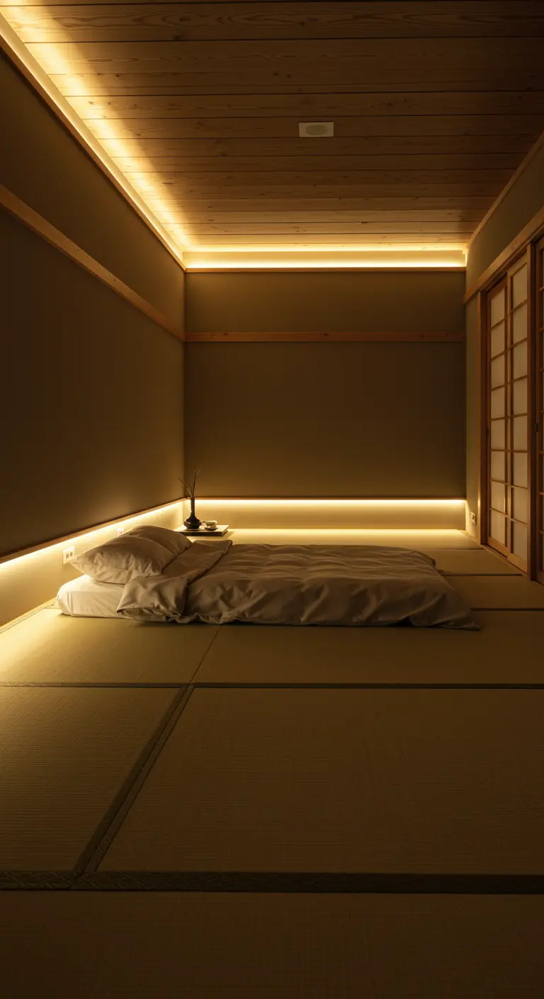 Camera da letto in stile giapponese con strisce LED nascoste lungo il soffitto e dietro il letto.