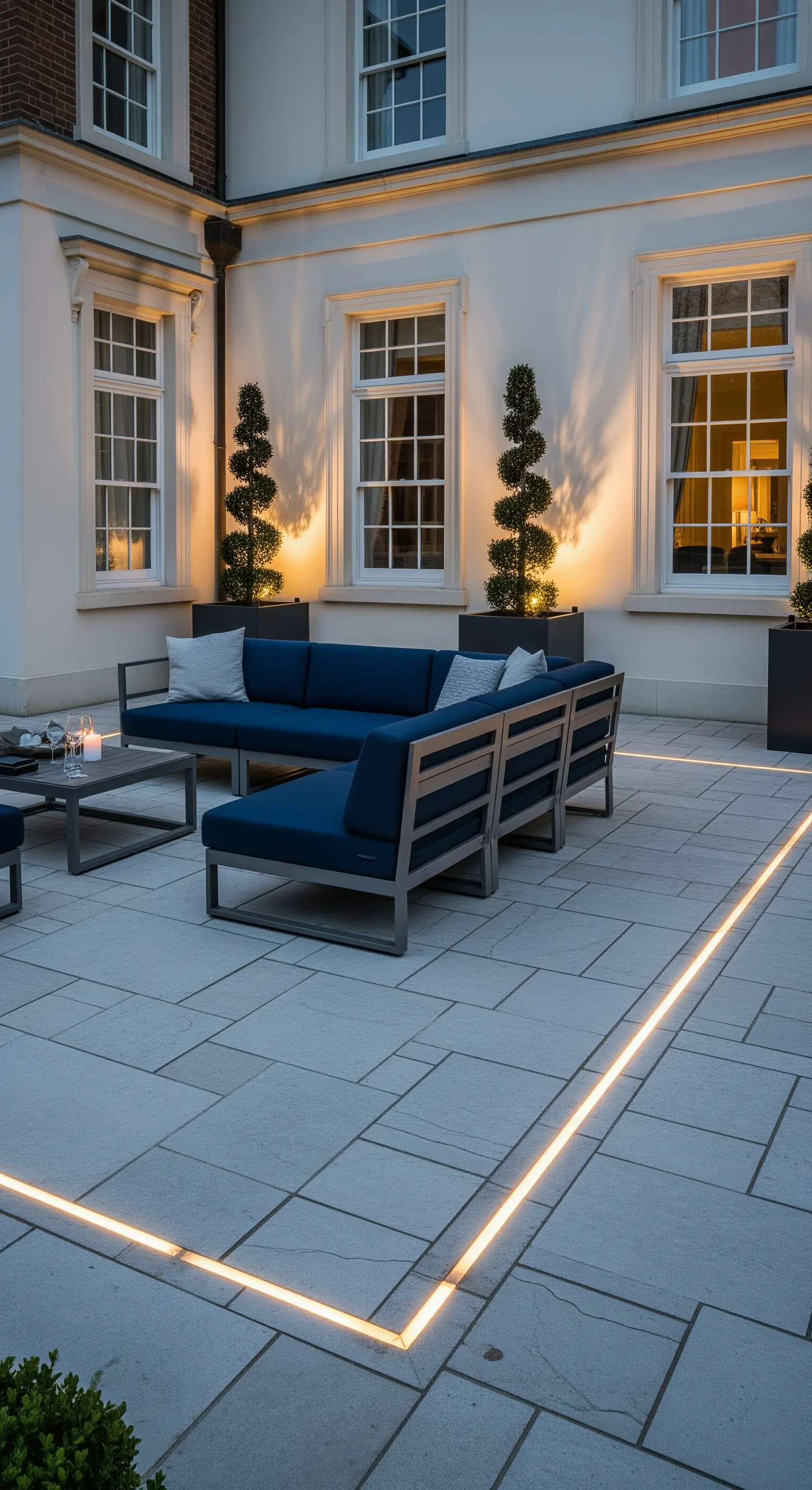 Patio elegante di un edificio classico, con divano blu e linee di luce LED integrate nel pavimento.