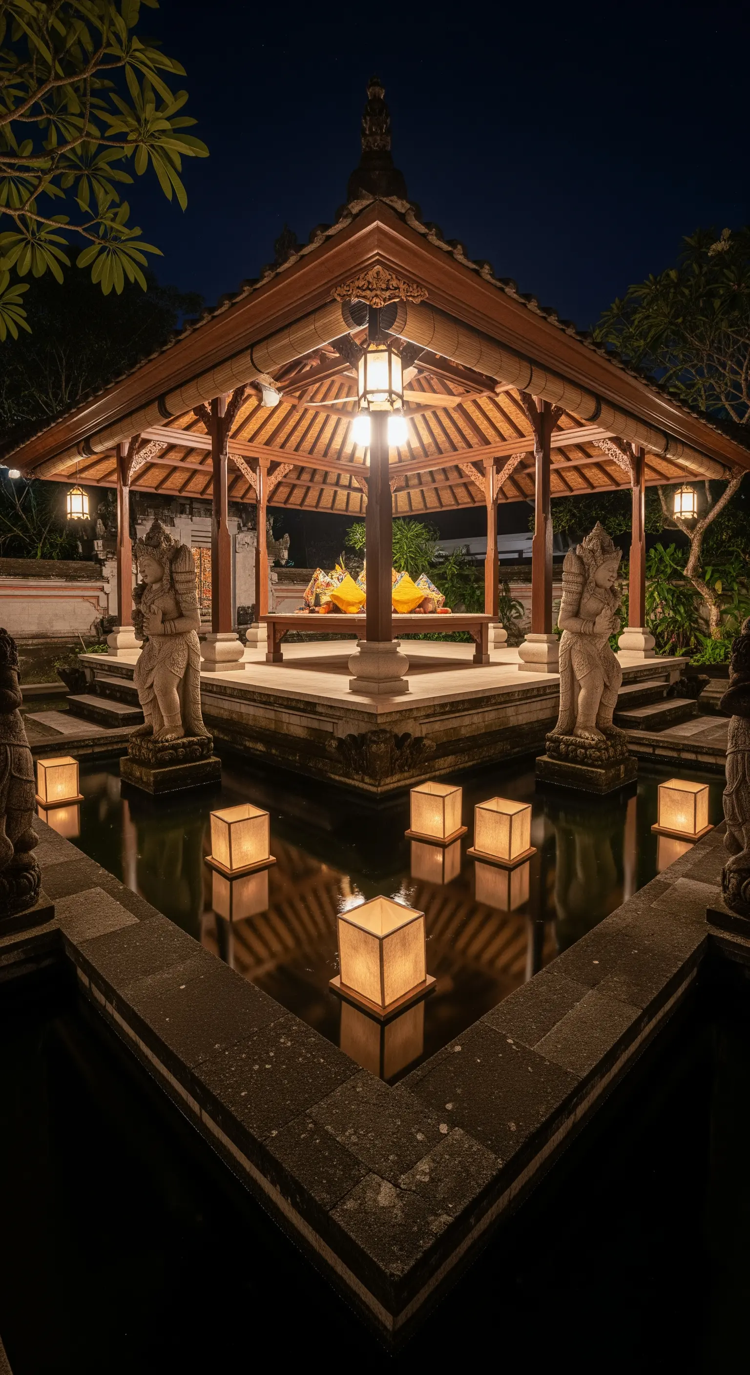 Padiglione balinese illuminato dall'interno, circondato da un fossato con lanterne galleggianti.