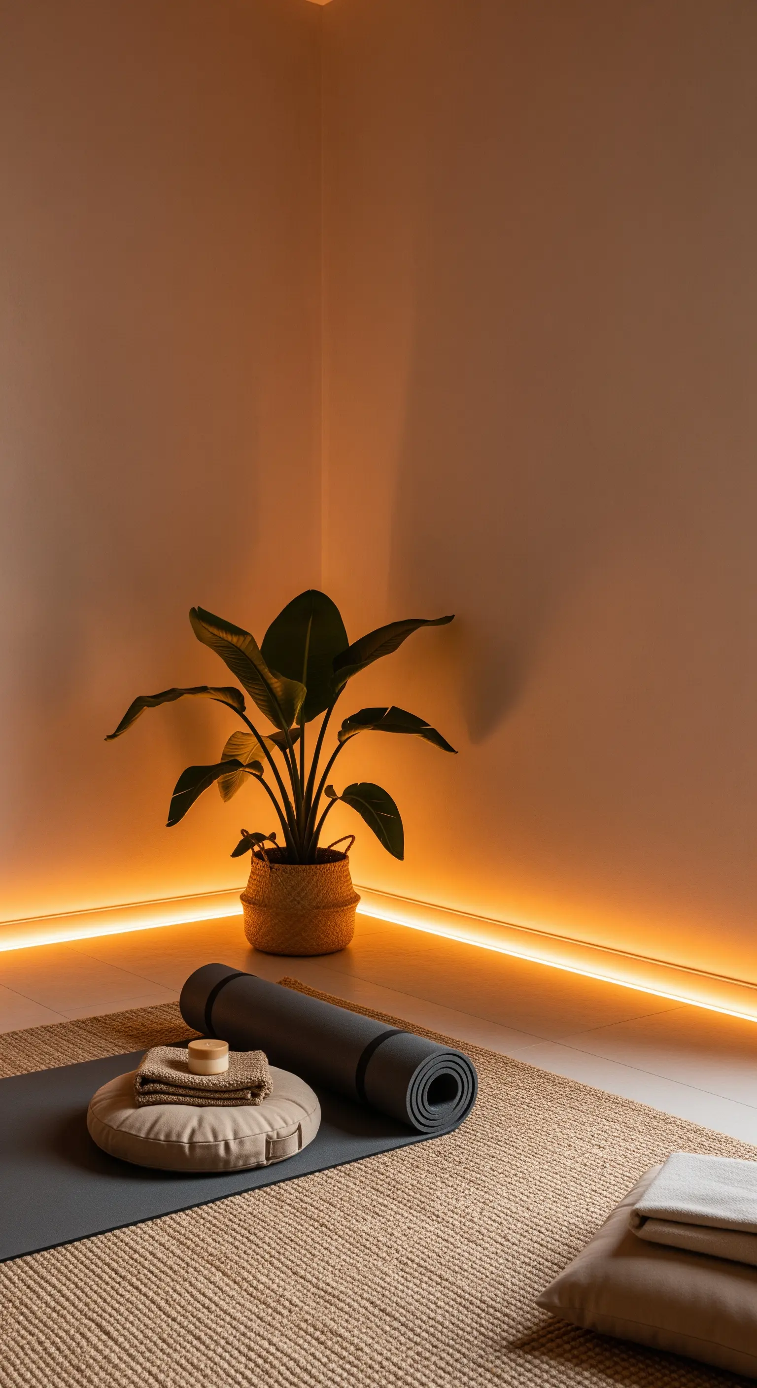 Angolo yoga con striscia LED calda lungo il battiscopa e tappetino in fibre naturali.