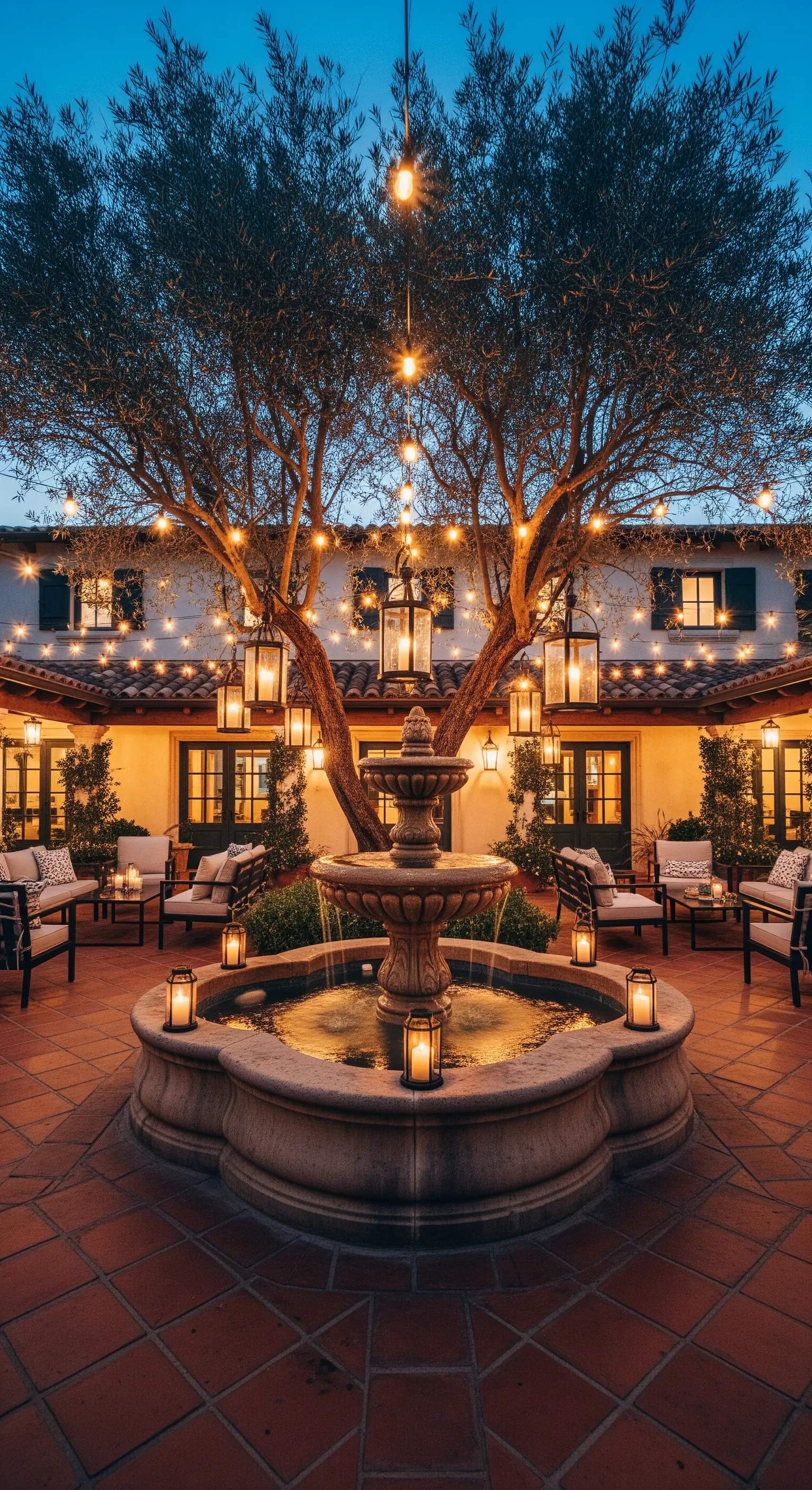 Cortile mediterraneo con fontana, illuminato da catenarie di luci e lanterne.