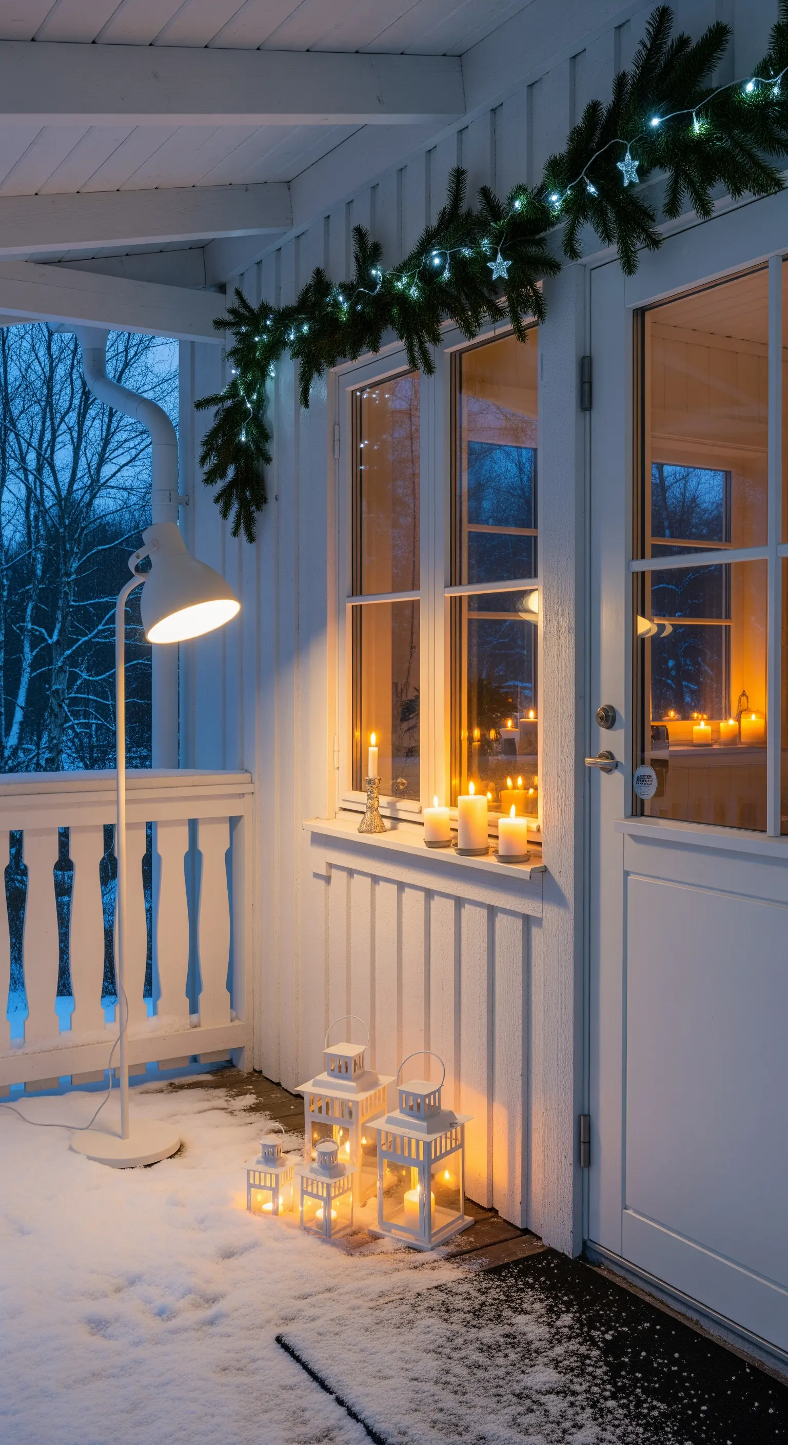 Veranda innevata con lampada bianca moderna, lanterne e una ghirlanda illuminata alla finestra.