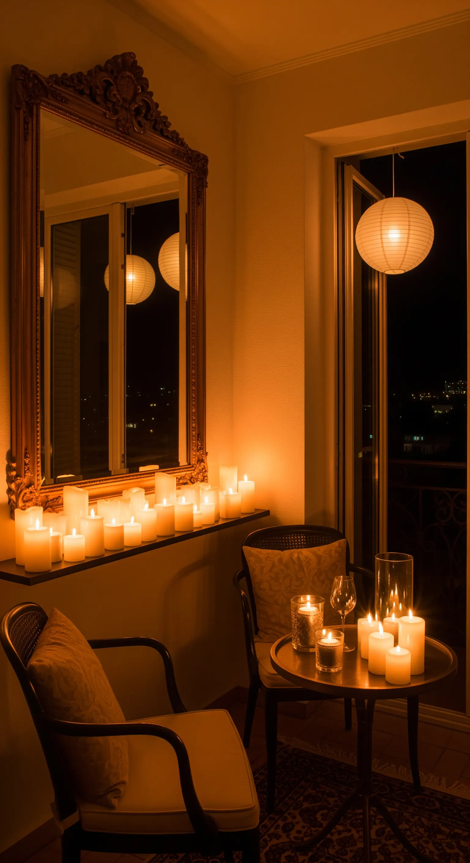 Angolo interno vicino al balcone con una mensola piena di candele riflesse in un grande specchio dorato