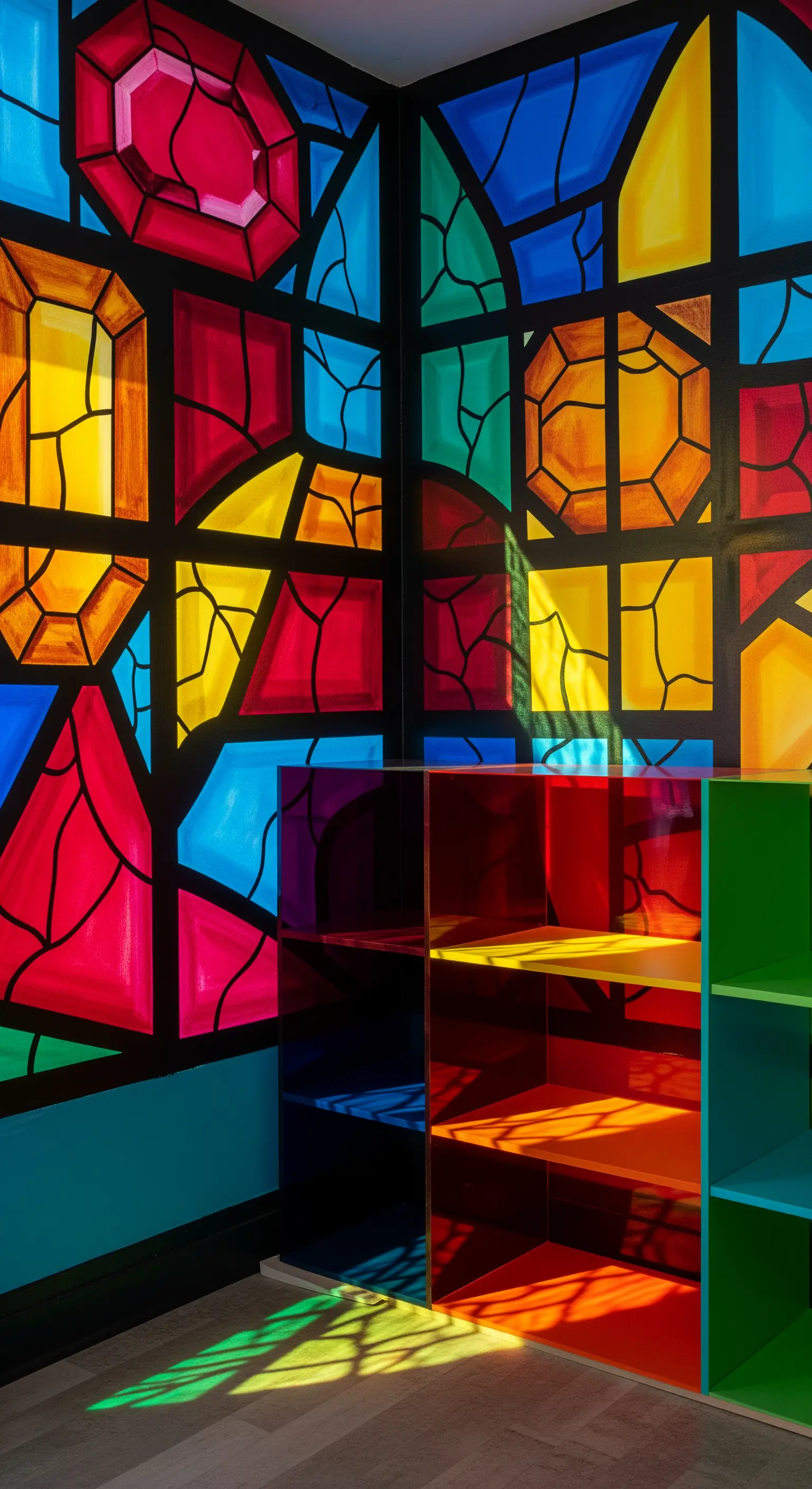 Libreria in plexiglass colorato contro una parete con murale a effetto vetrata.