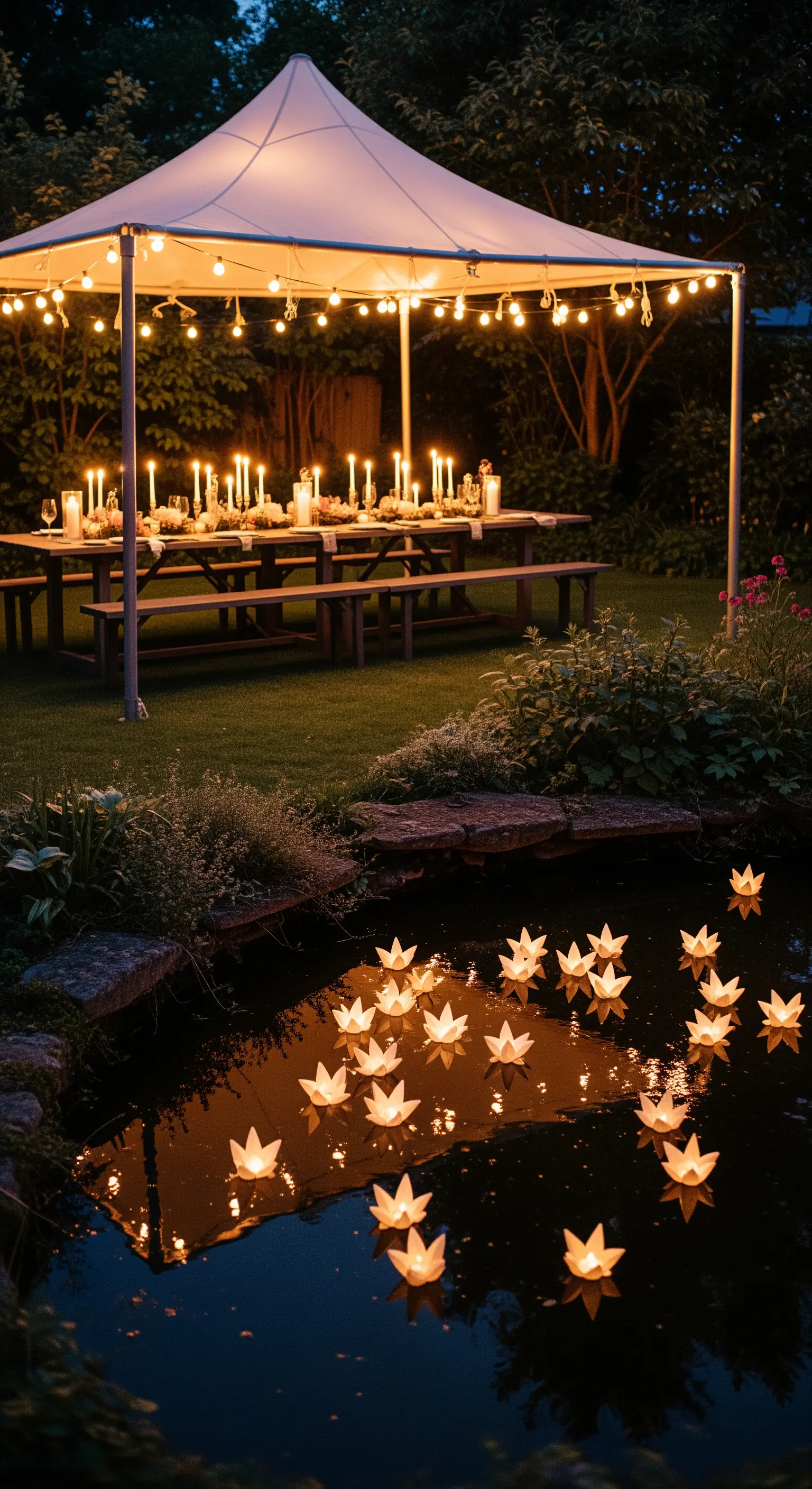 Tavola da pranzo all'aperto sotto un gazebo illuminato, vicino a un laghetto con fiori luminosi.