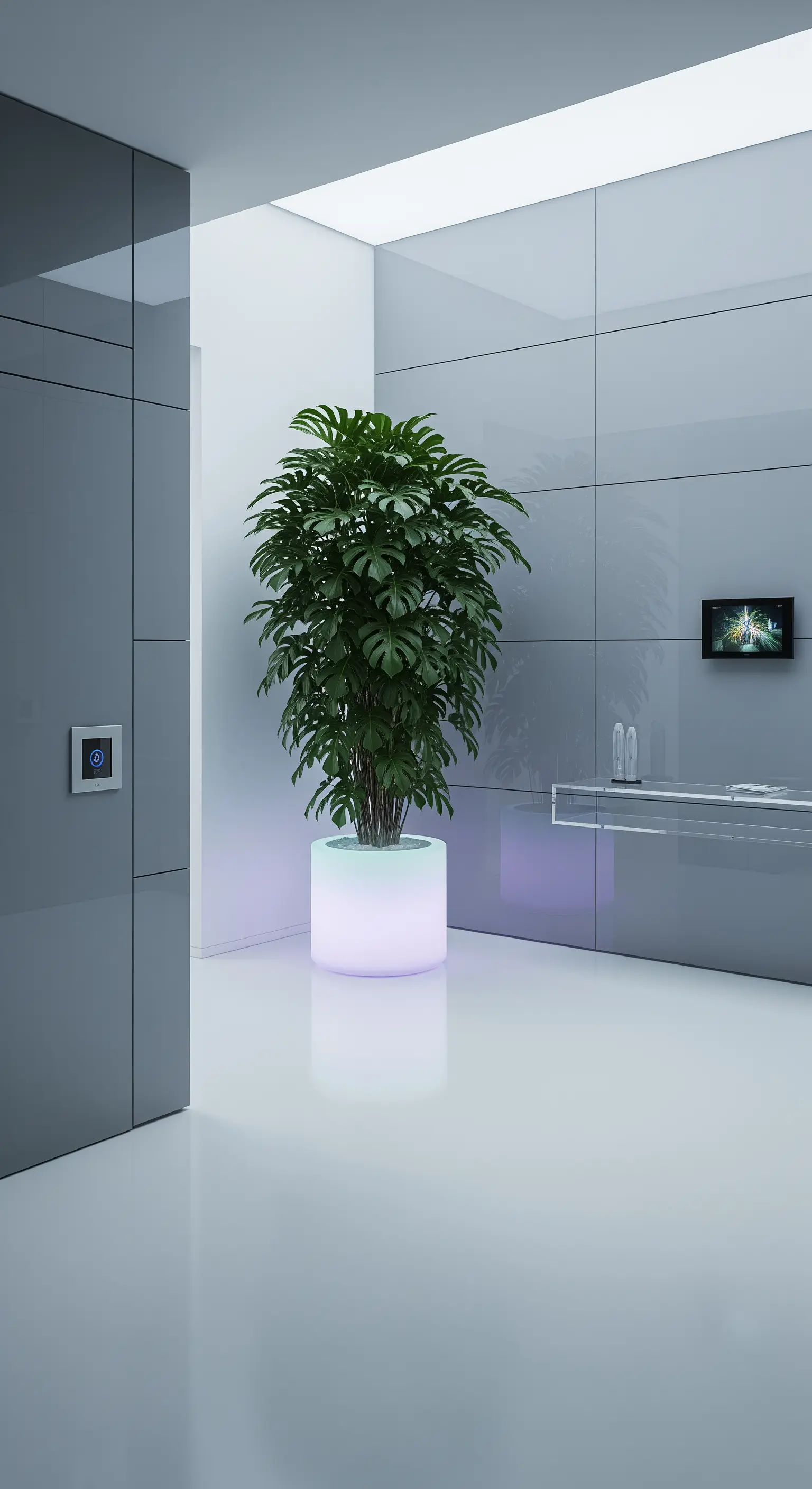 Monstera in un vaso bianco illuminato dal basso con luce viola in un corridoio futuristico.