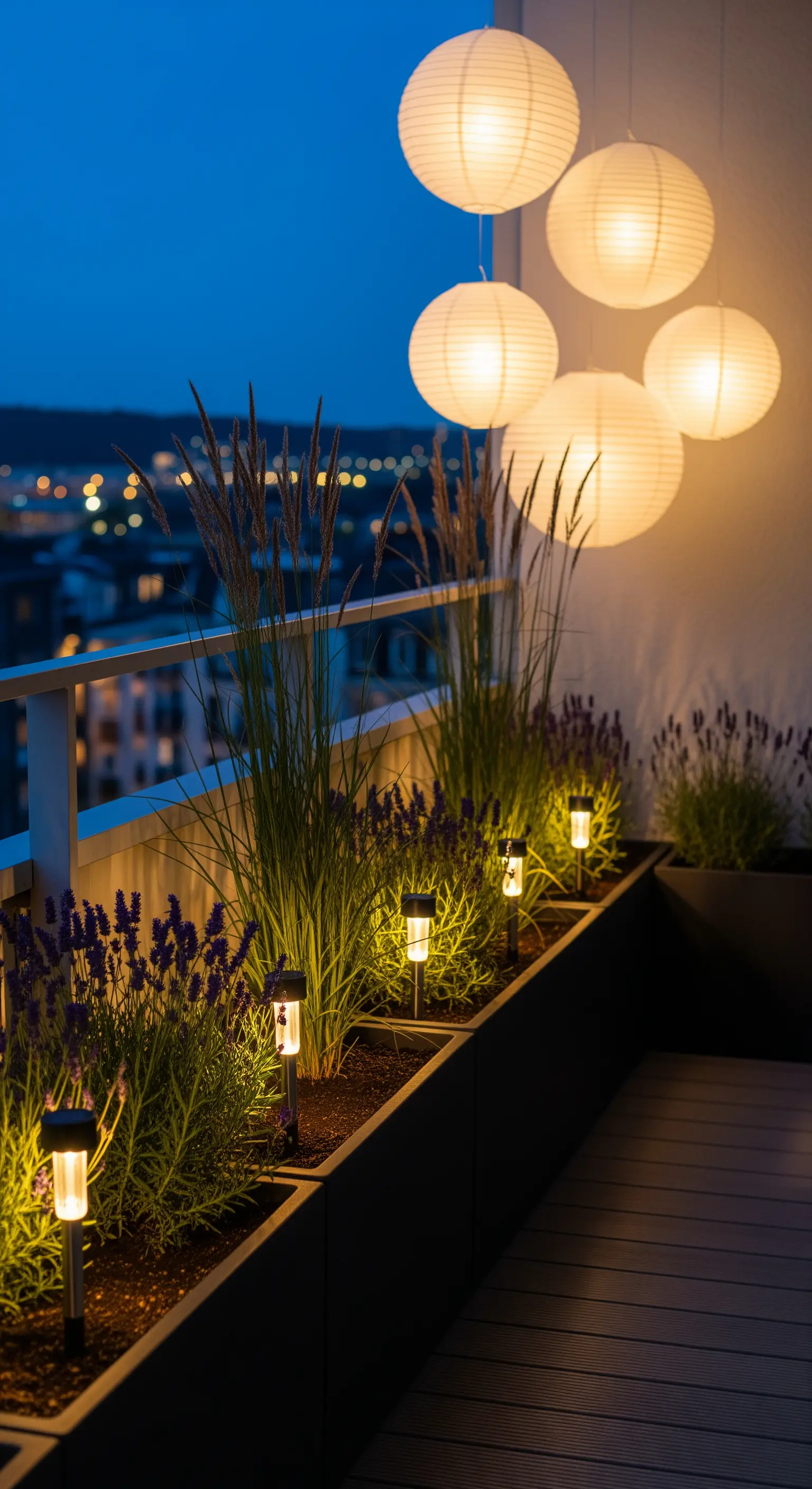 Fioriere con lavanda e graminacee illuminate dal basso da faretti solari, con lanterne di carta sospese