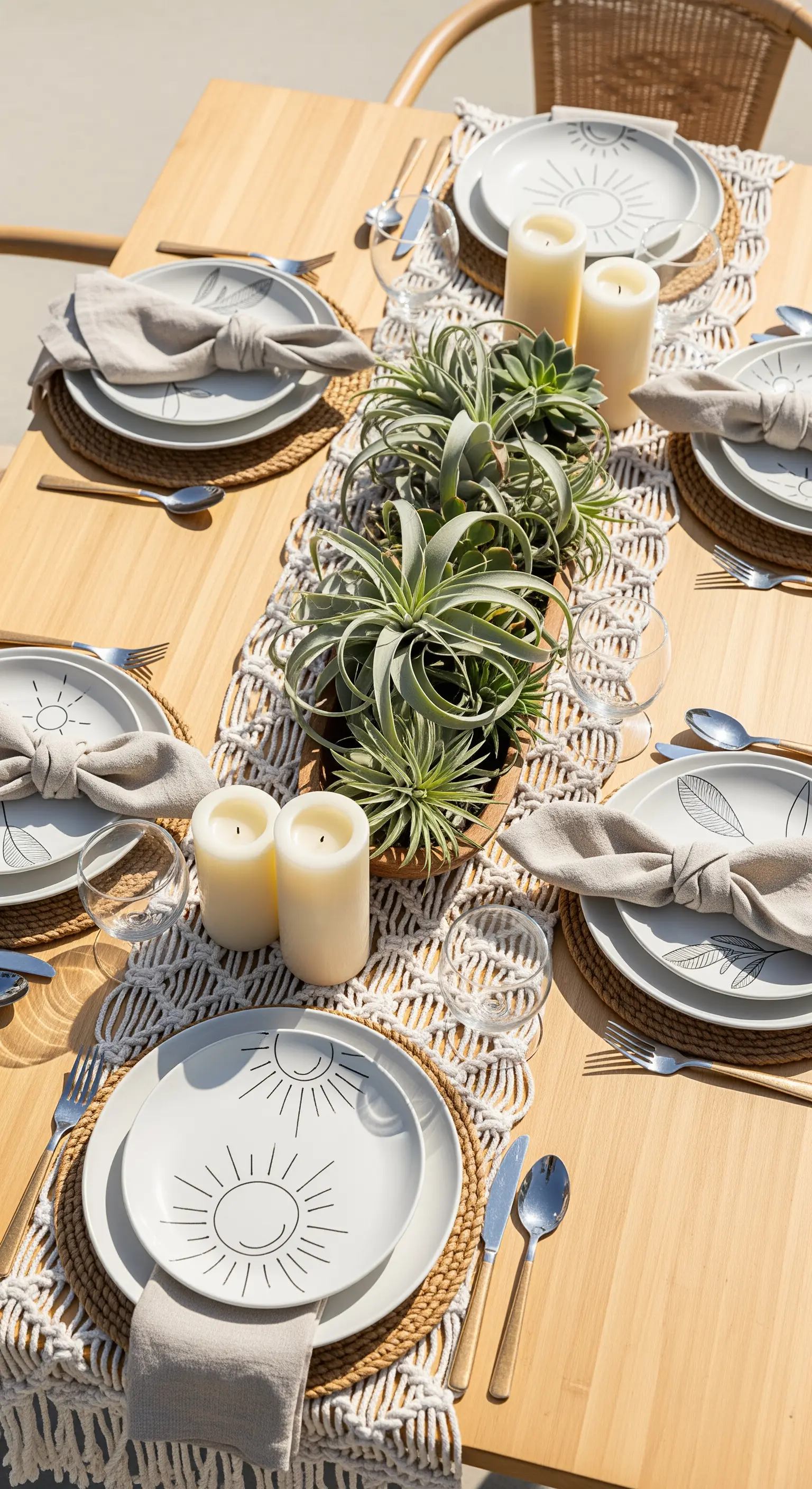 Tavola da esterno con runner in macramè, piante aeree e piatti con disegno del sole