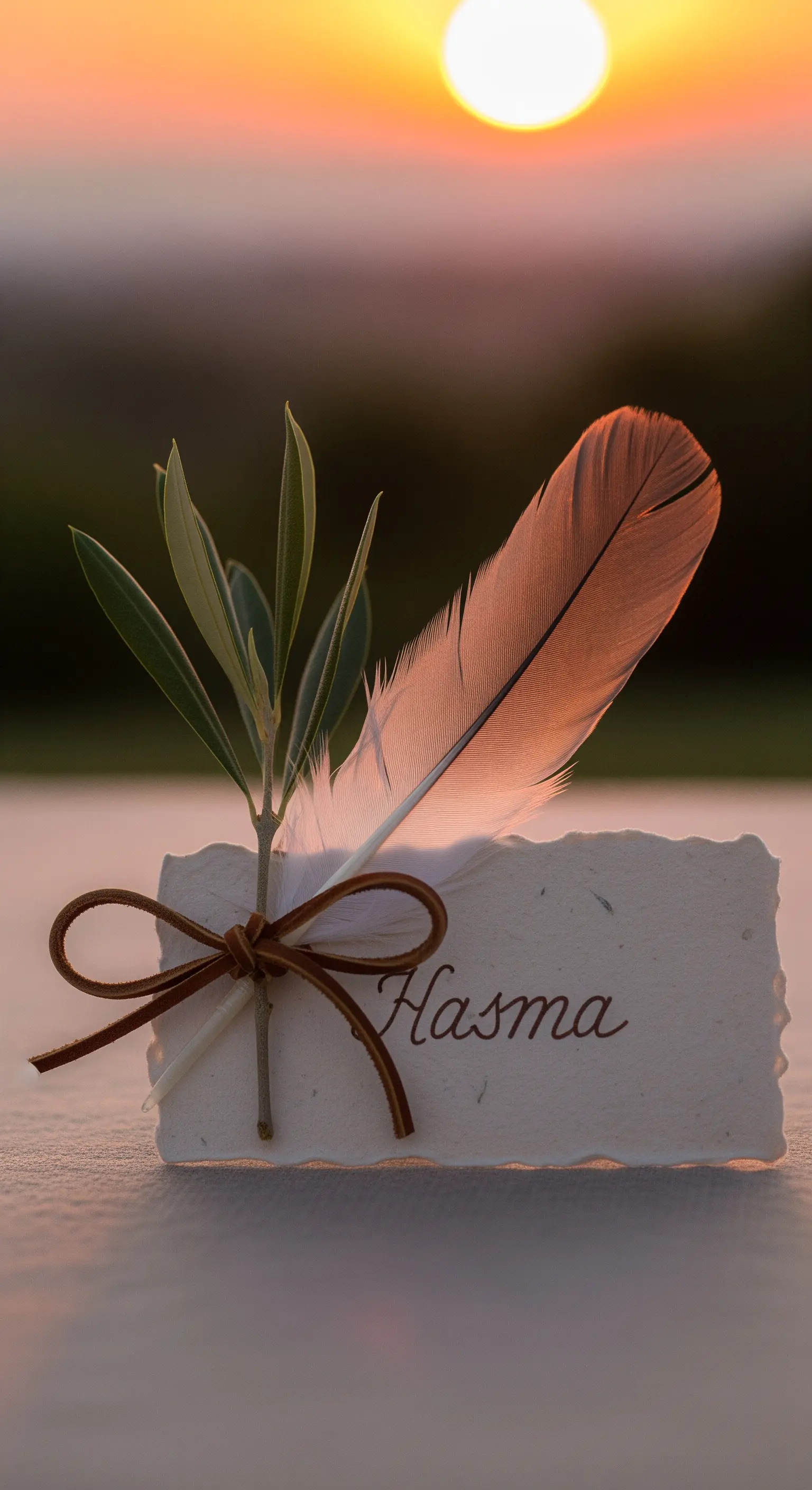 Segnaposto in carta artigianale con rametto d'ulivo e piuma al tramonto.