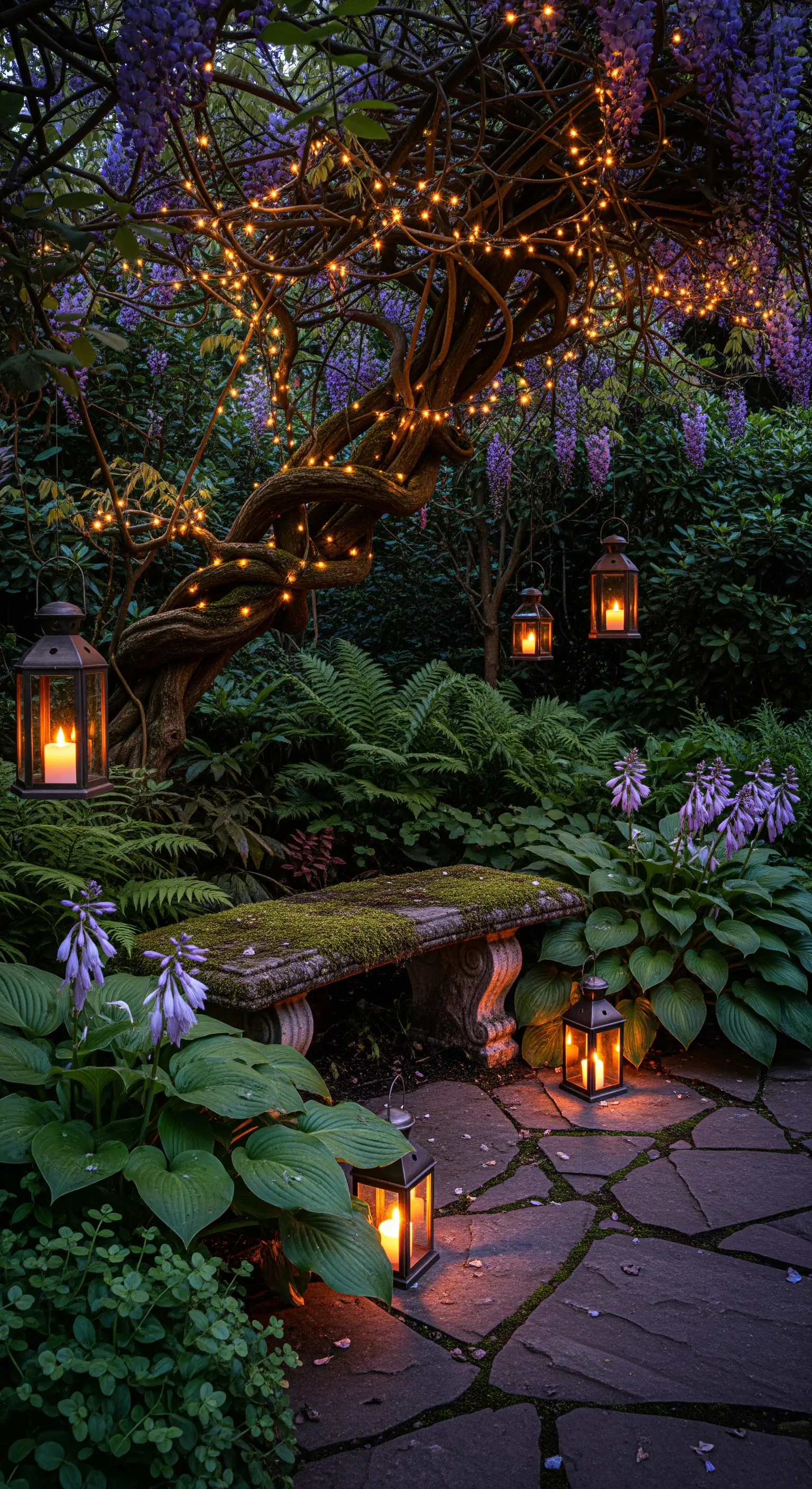 Un angolo di giardino con panchina in pietra, illuminata da lucine e lanterne sospese tra i rami.