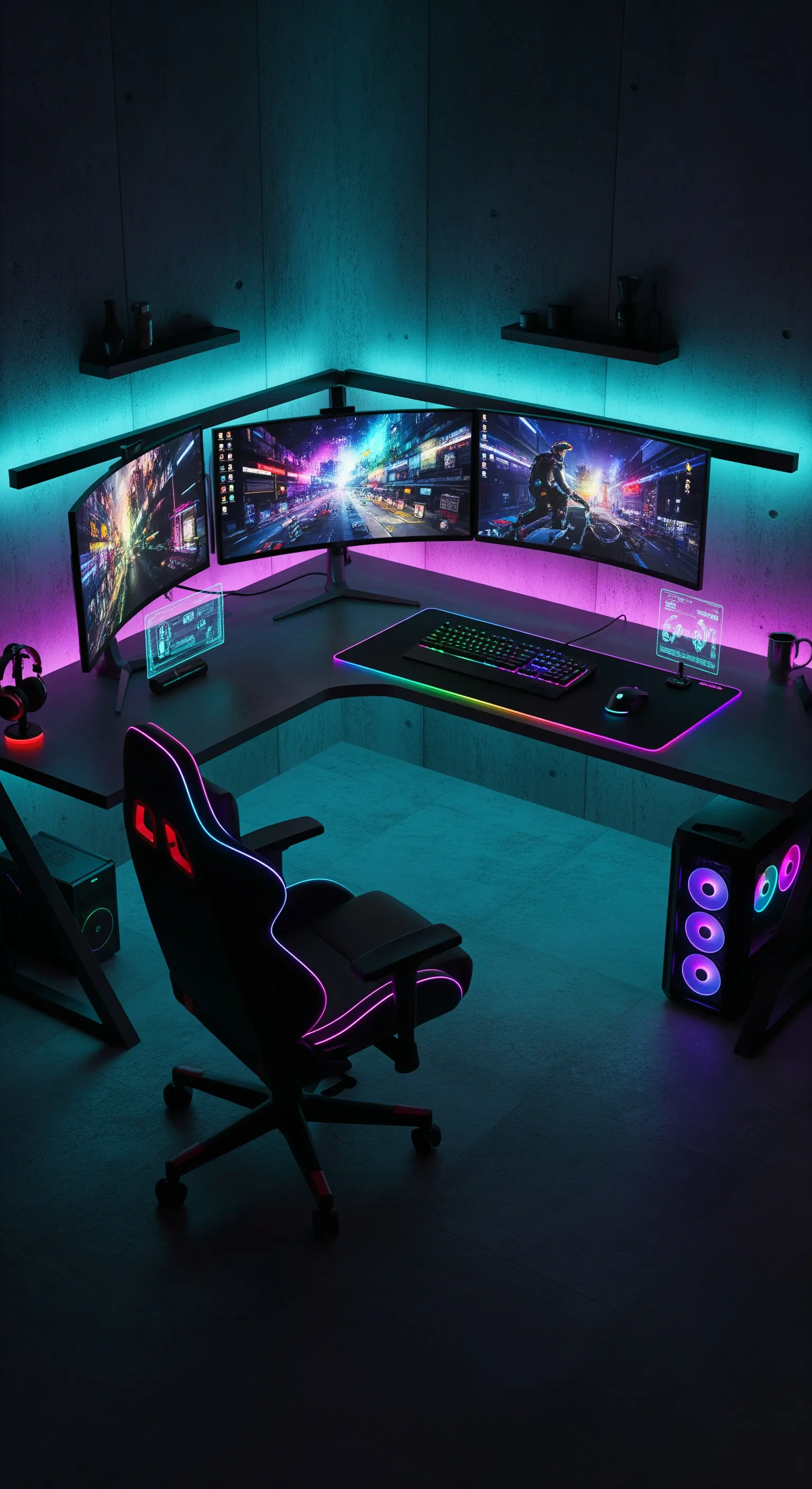 Postazione da gaming con triplo monitor e illuminazione LED RGB su pareti in cemento.