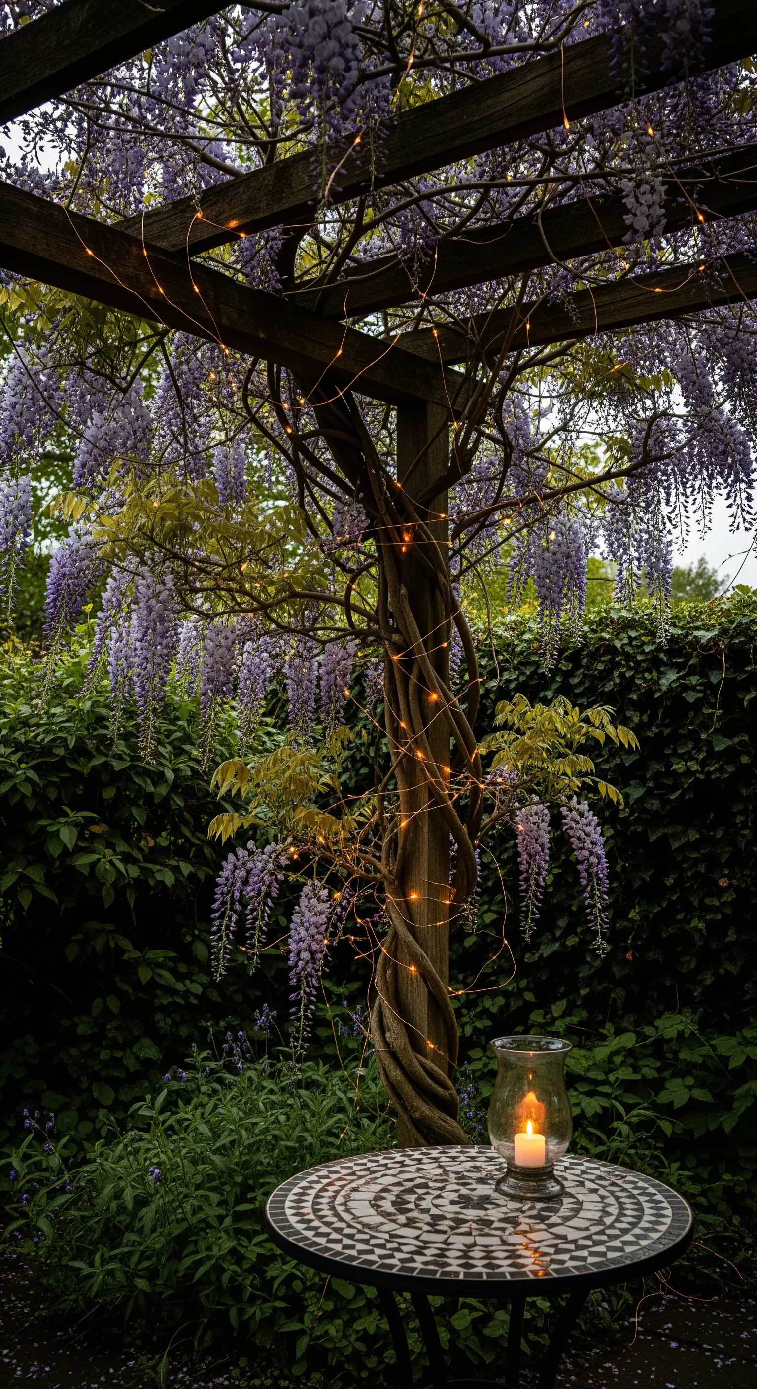 Tronco di glicine avvolto da un sottile filo di lucine color rame, con una candela sul tavolo