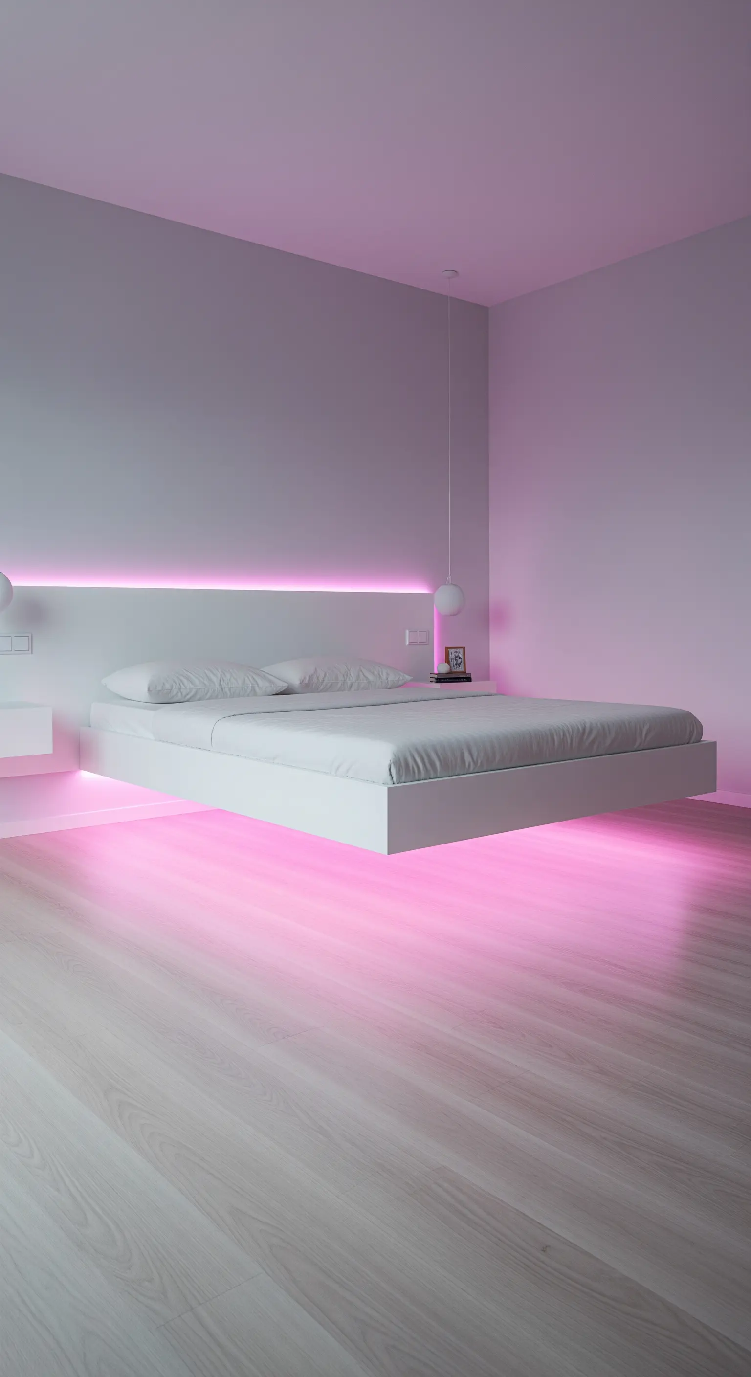 Letto bianco sospeso illuminato da una luce LED rosa in una stanza minimalista.