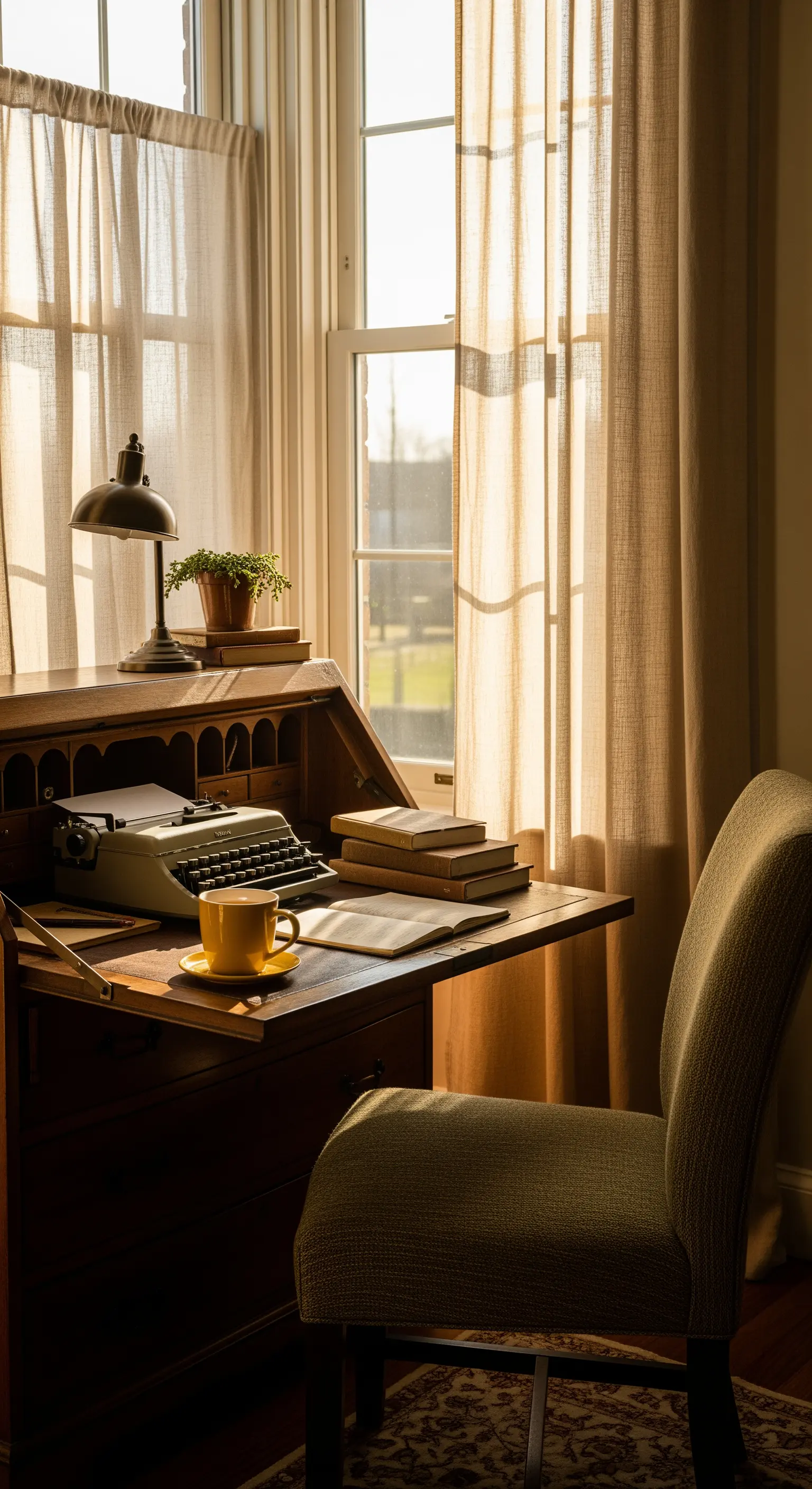 Scrittoio vintage vicino a una finestra, con tazza senape e sedia verde.
