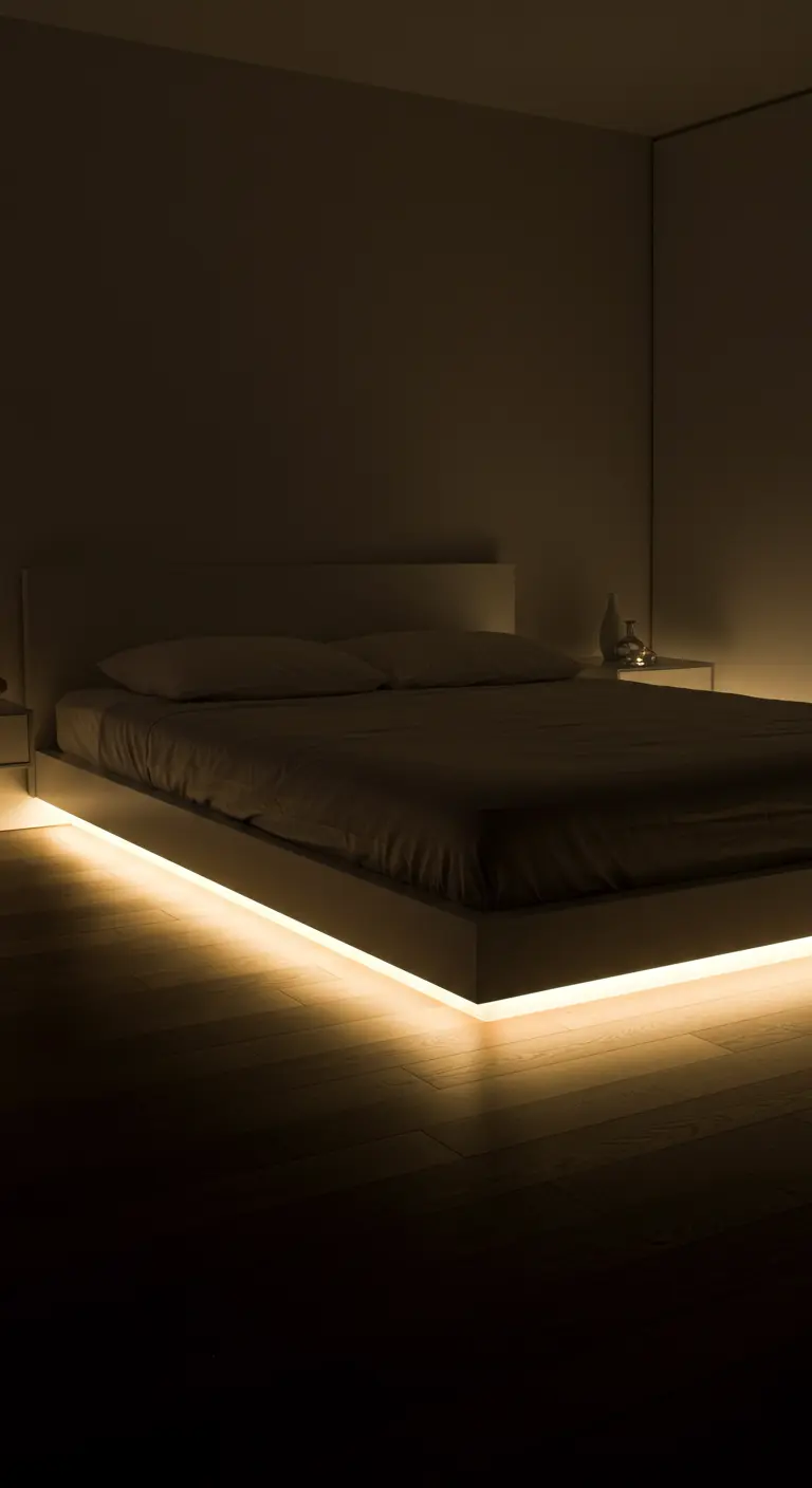 Letto minimalista con una striscia di luce LED calda che illumina il pavimento sottostante.
