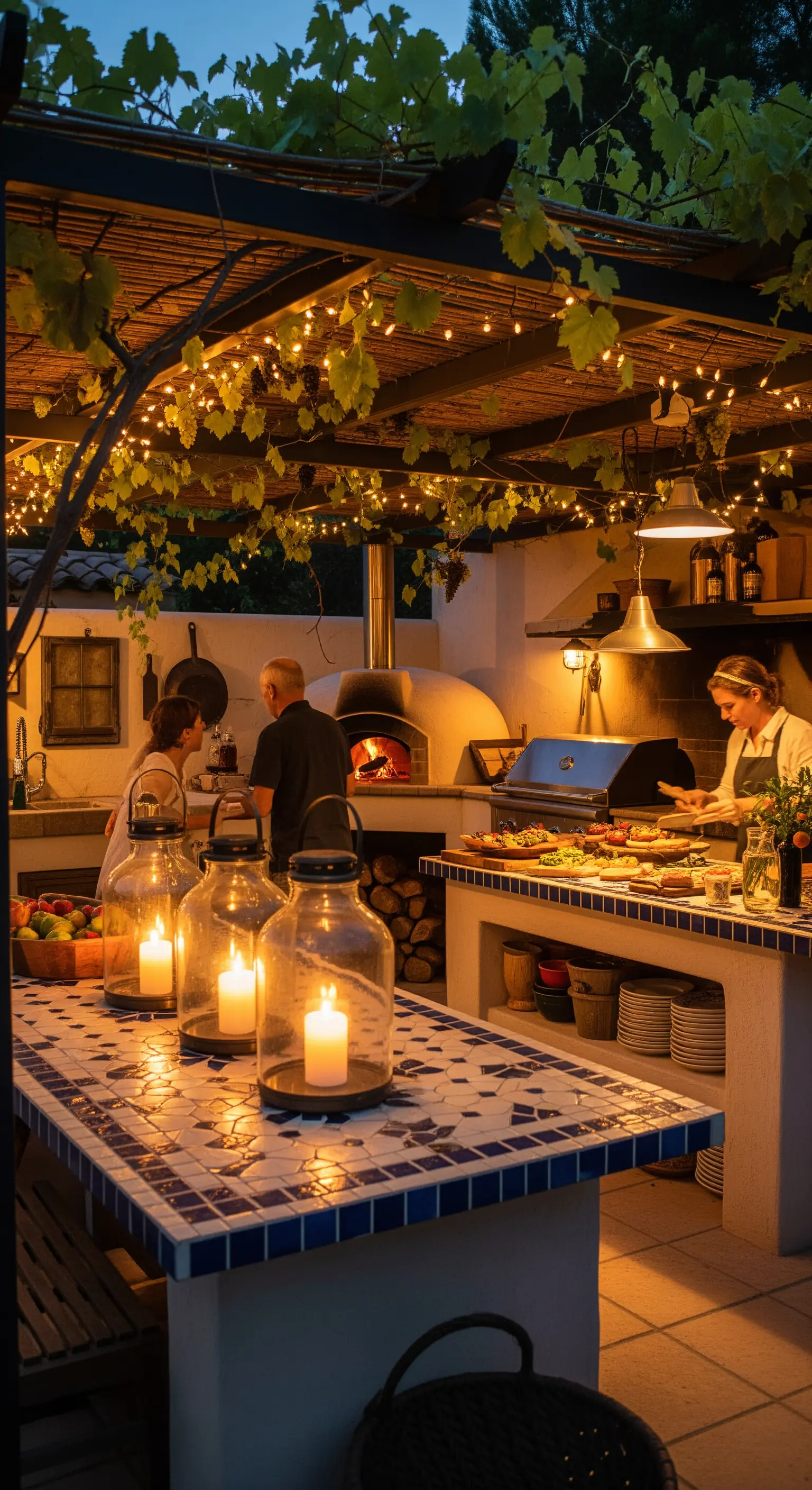 Cucina esterna con forno a legna, illuminata da lucine, lampade a sospensione e grandi candele