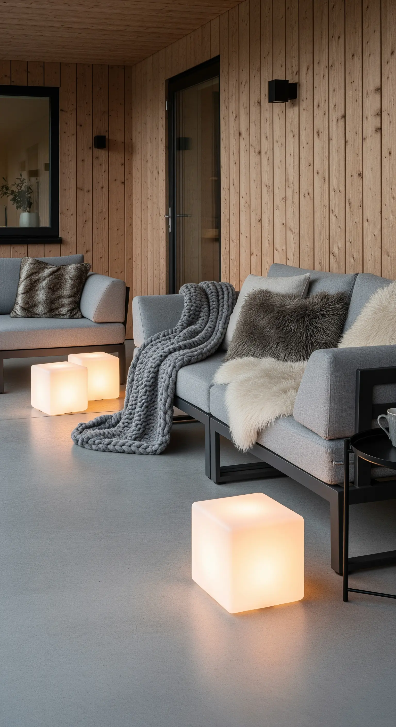 Patio moderno con divani grigi, cubi luminosi a LED e cuscini in pelliccia sintetica.