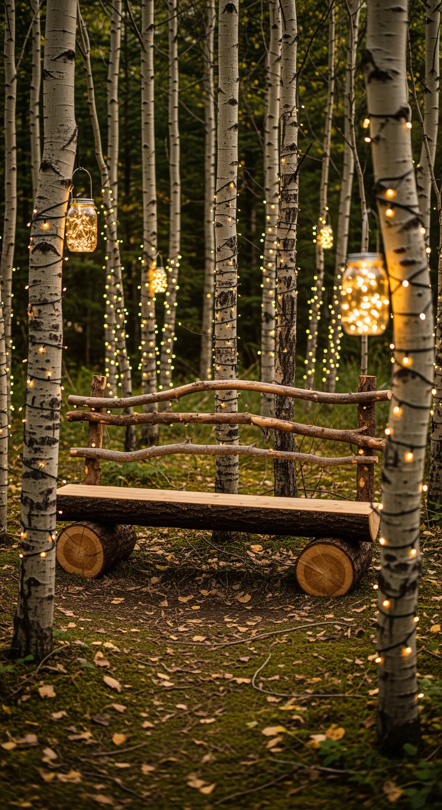 Panca rustica in un bosco di betulle, illuminate da fili di luci e lanterne in barattolo.