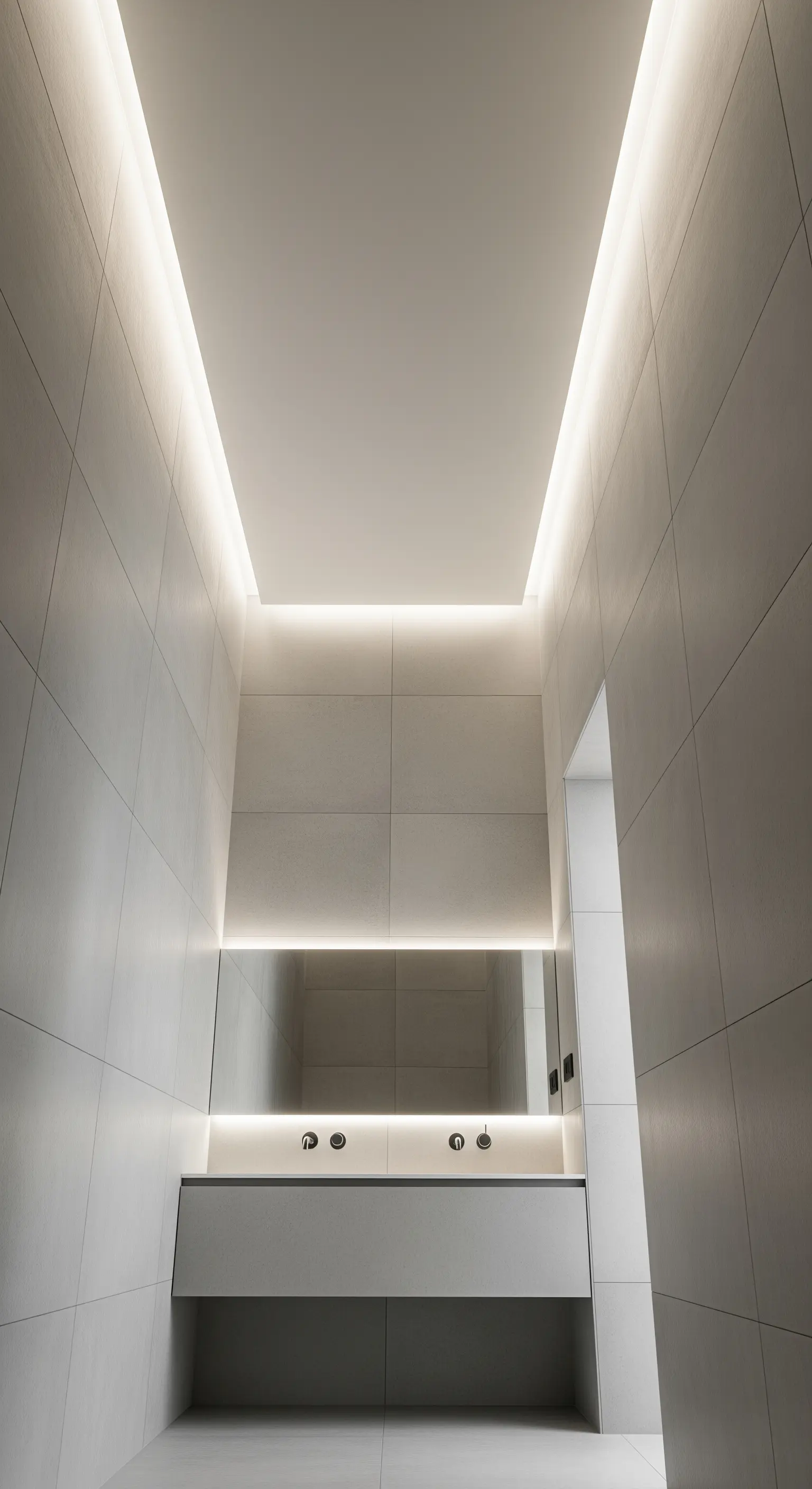 Bagno stretto e lungo con illuminazione a LED nascosta nel soffitto e dietro lo specchio.