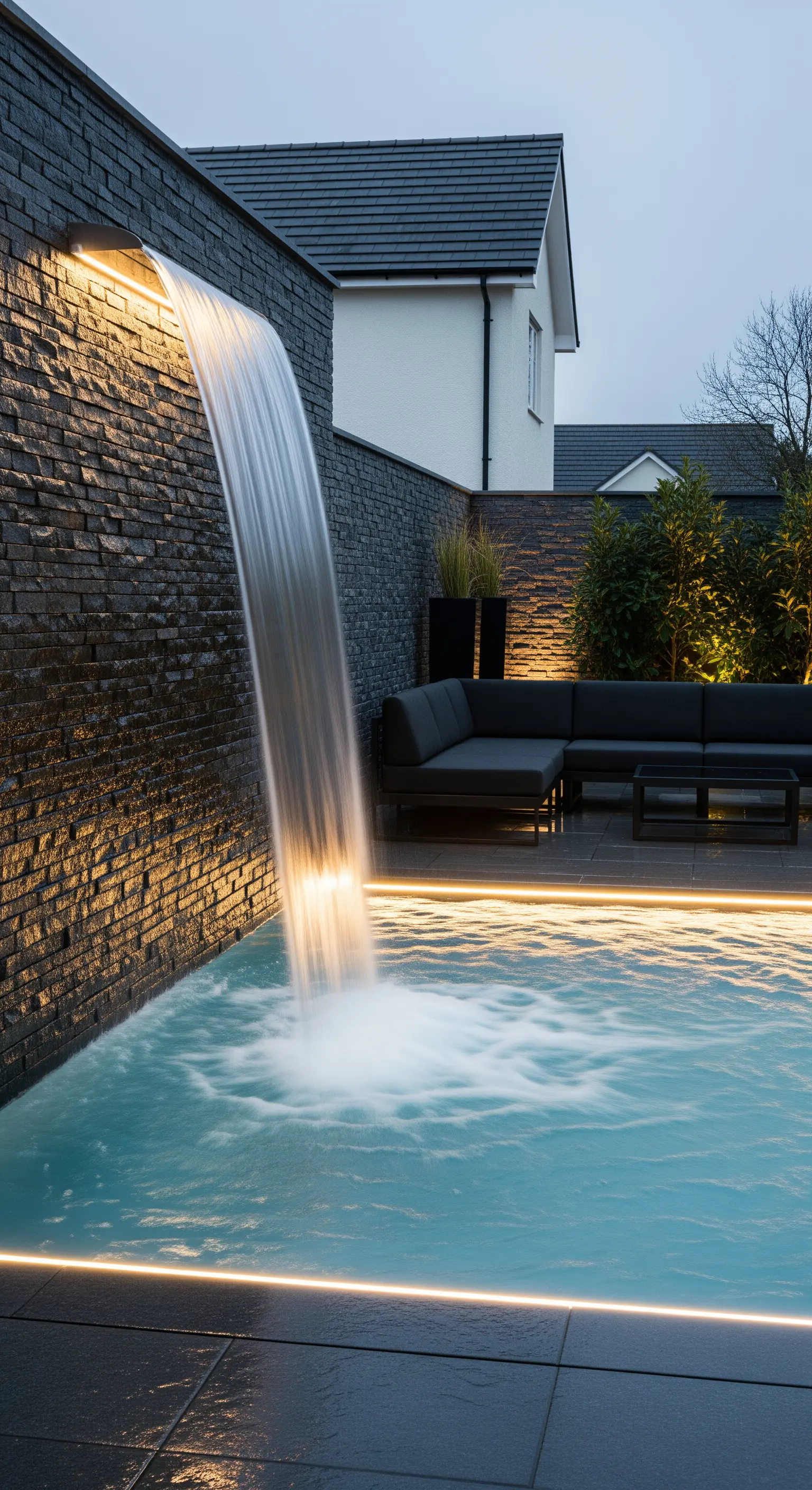 Una cascata moderna scende da una parete in ardesia scura in una piscina, illuminata dall'alto.