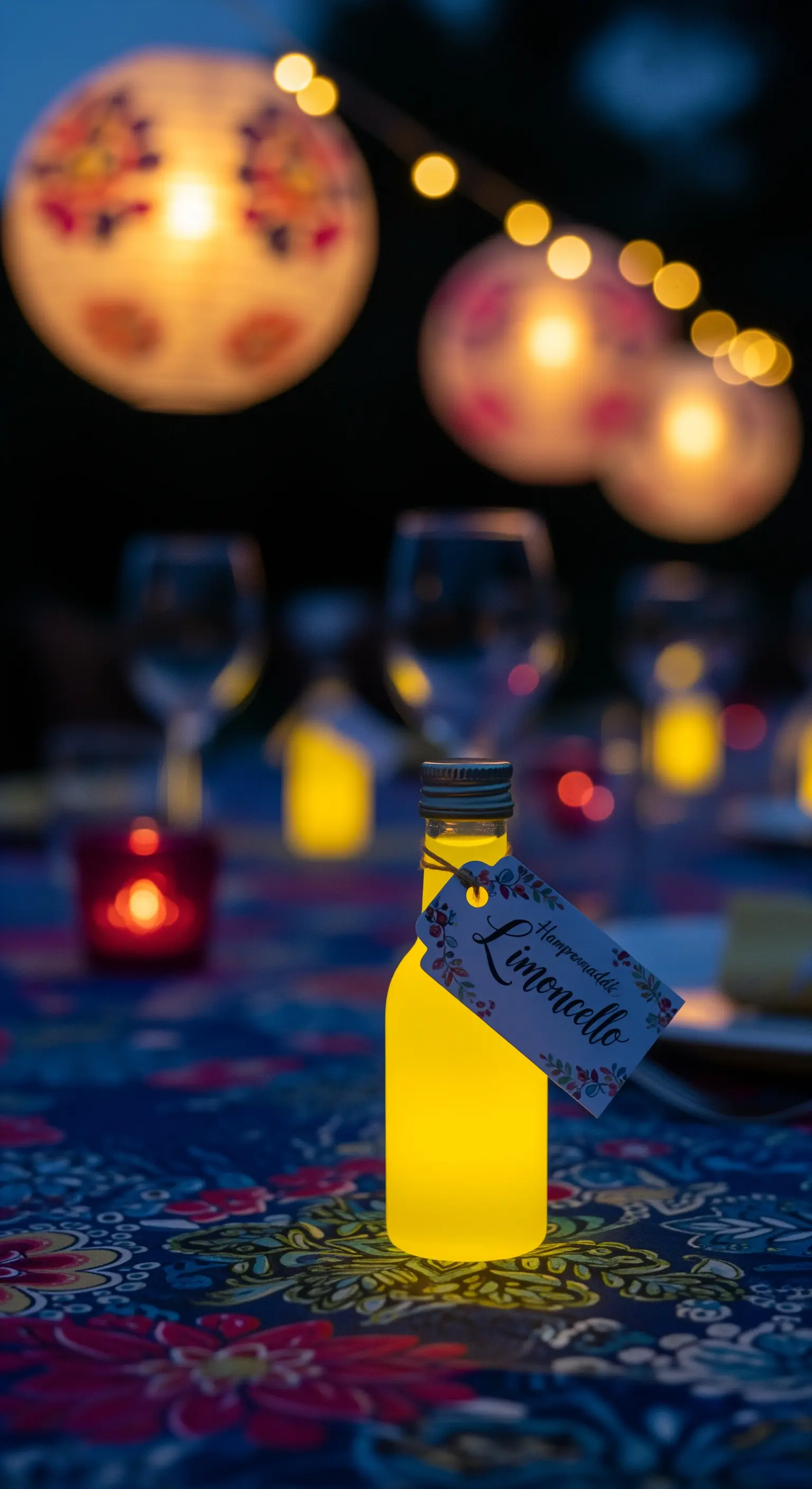Piccola bottiglia di limoncello con etichetta, illuminata come una lanterna