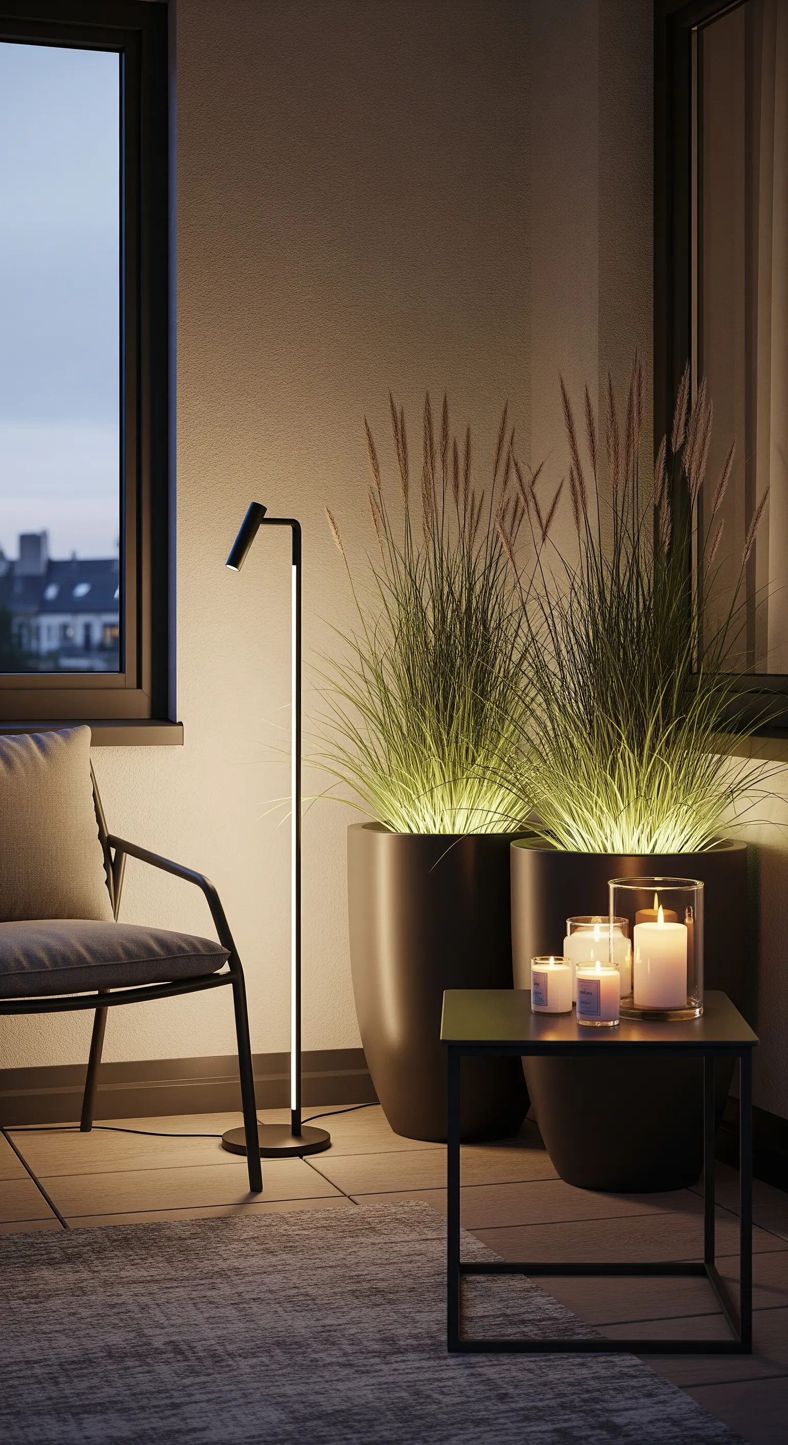 Balcone moderno e minimalista con una sottile lampada a LED che illumina una pianta in vaso.