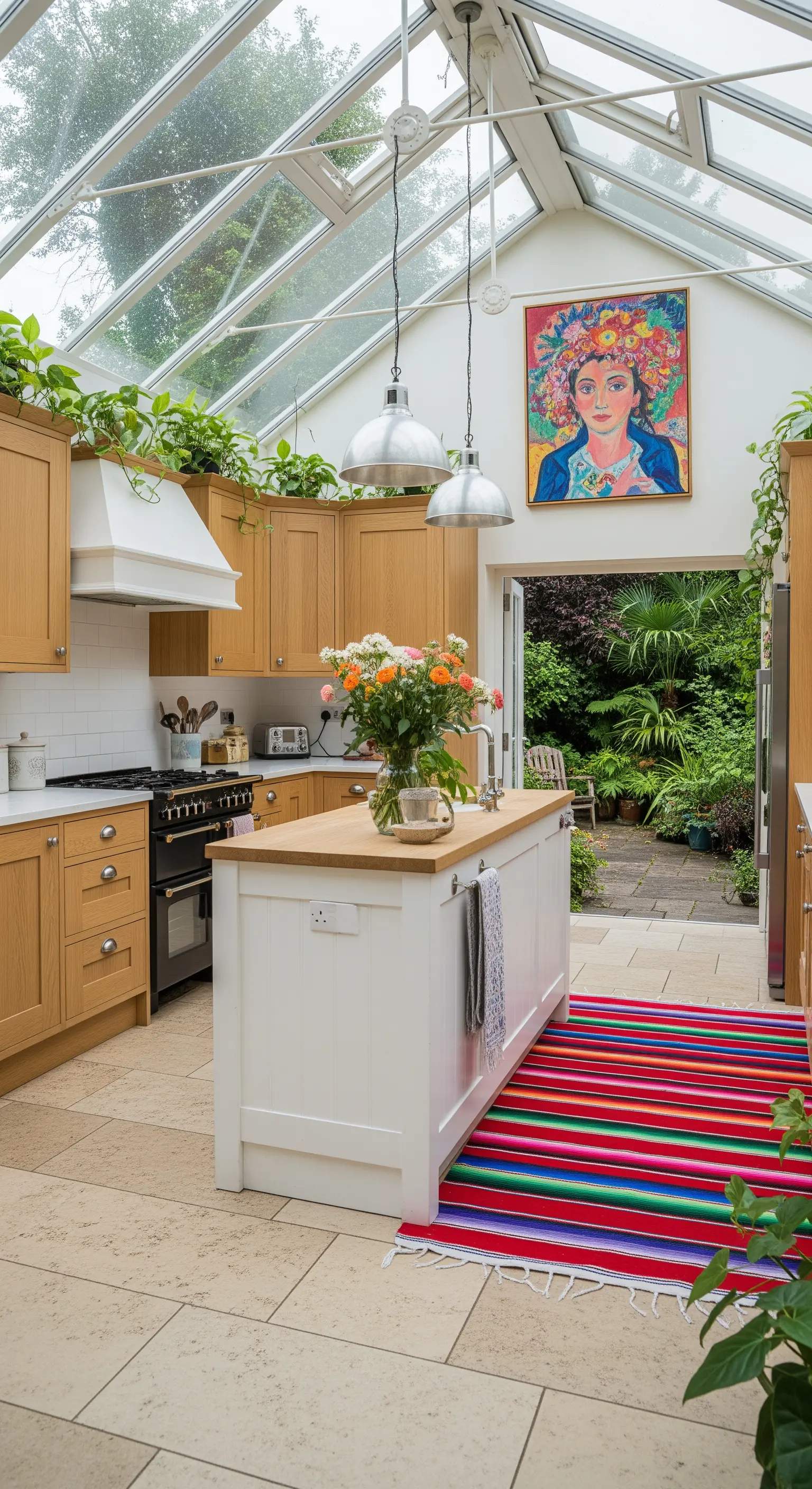 Cucina in una veranda con tetto in vetro, mobili in legno e un tappeto messicano multicolore.