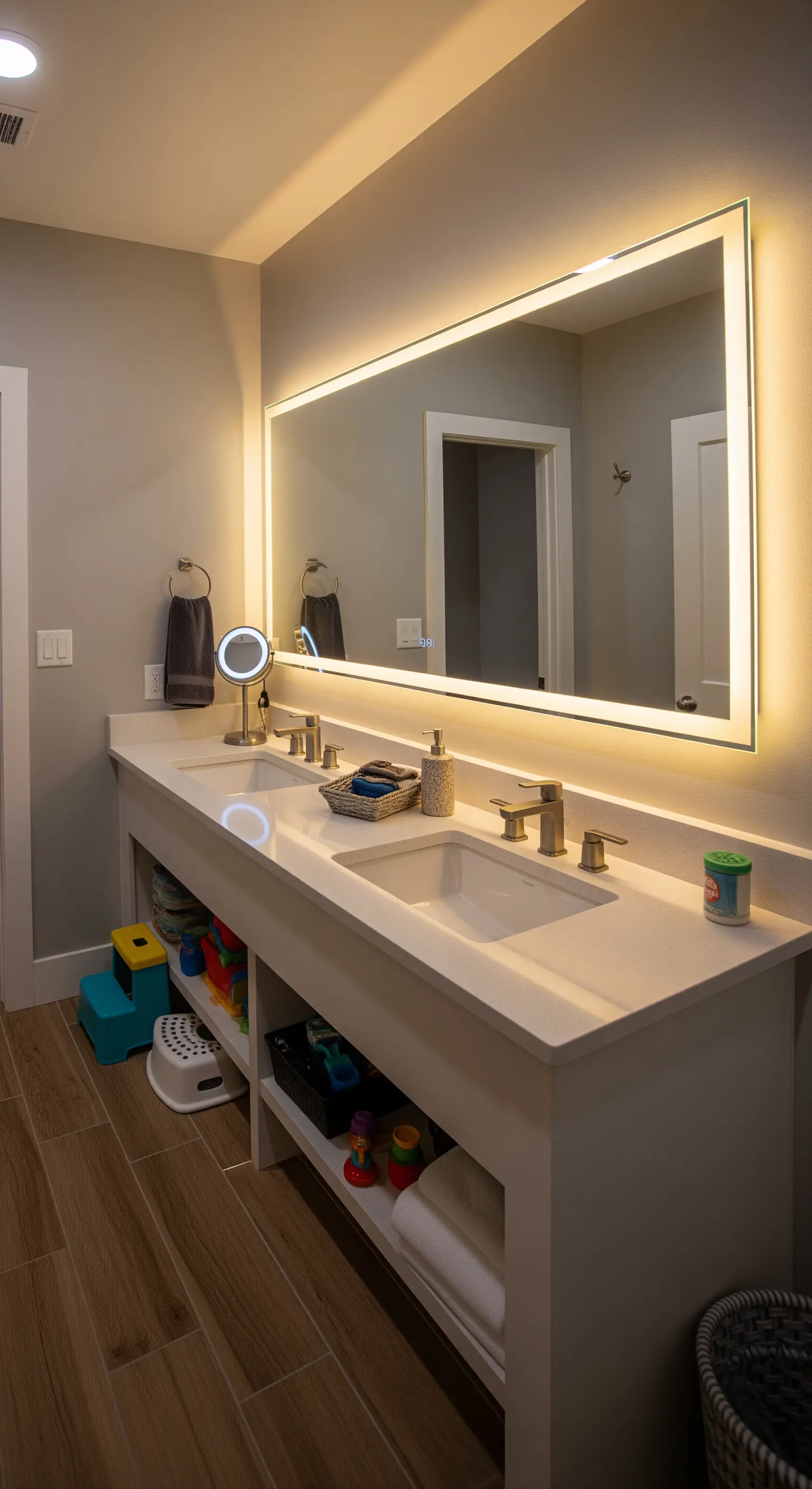 Grande specchio retroilluminato sopra un doppio lavabo con mensole a giorno.