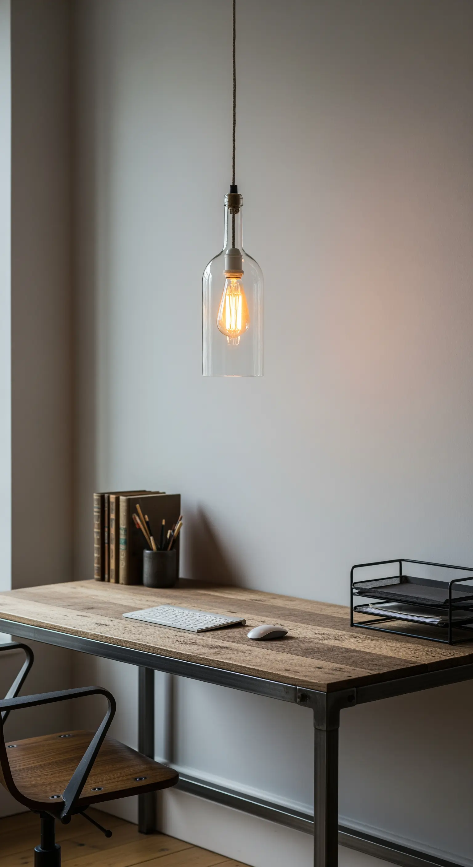 Lampada a sospensione minimalista con bottiglia trasparente sopra una scrivania in legno e metallo.