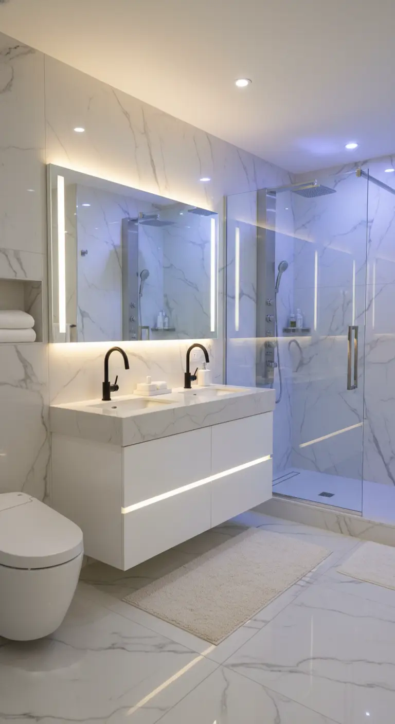Bagno contemporaneo luminoso con rivestimento in marmo bianco e specchio retroilluminato a LED.