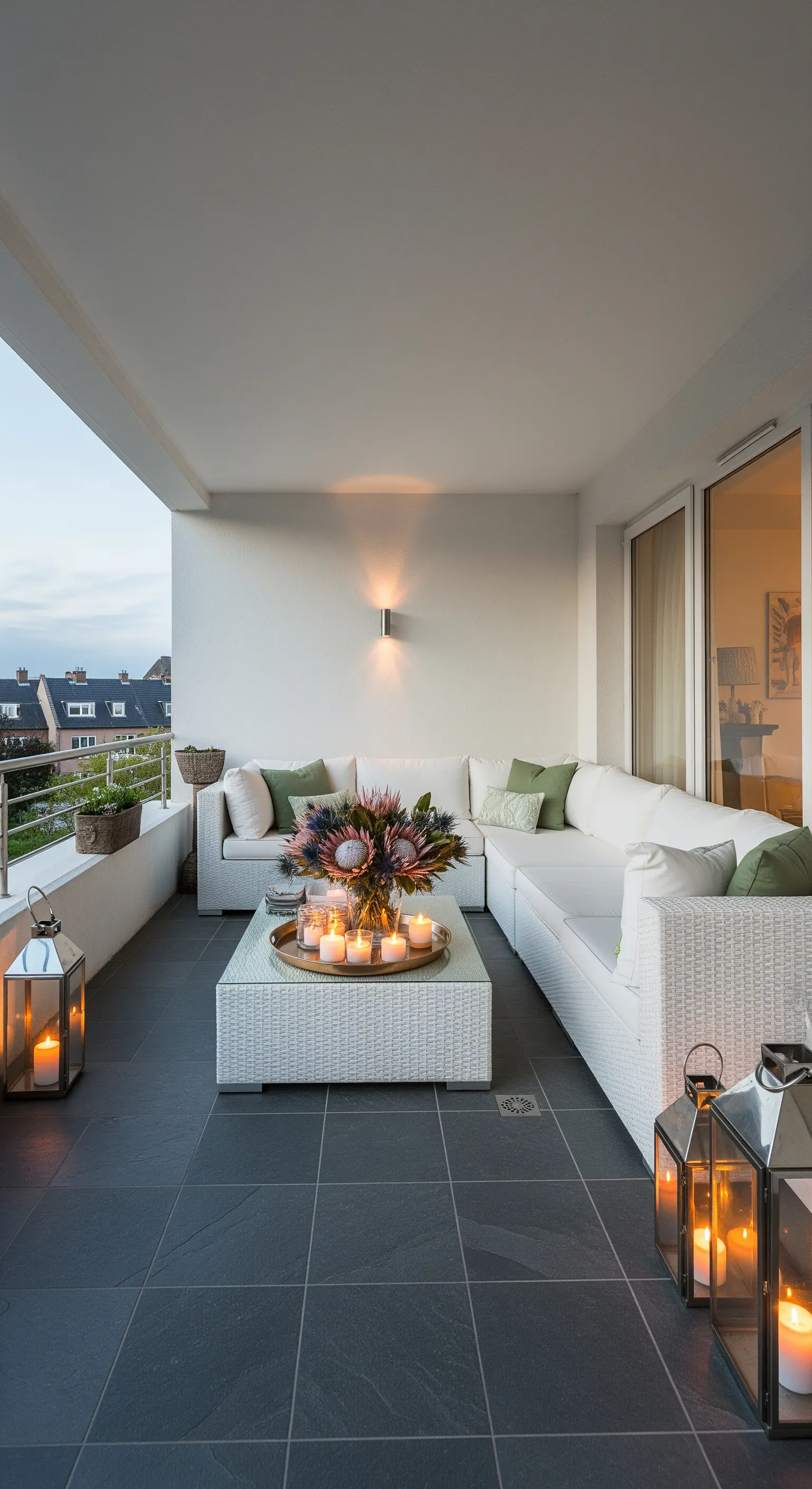 Balcone con divano angolare bianco, lanterne e un vassoio di candele accese sul tavolino.