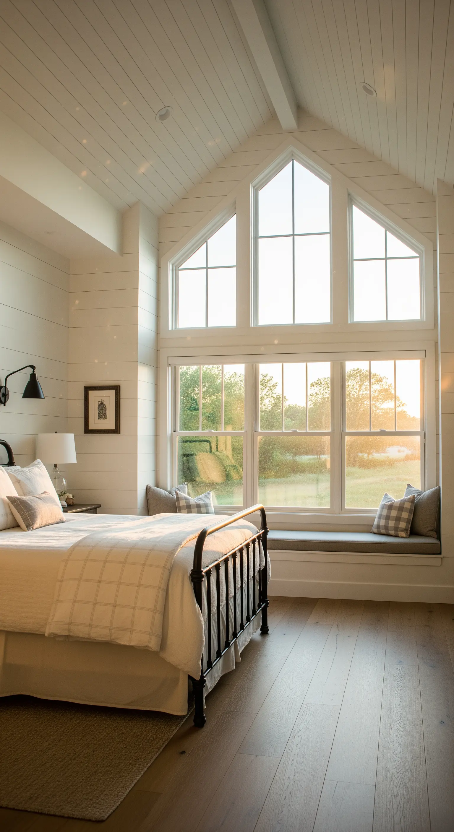 Camera da letto farmhouse con soffitto a volta e panca sotto la finestra.