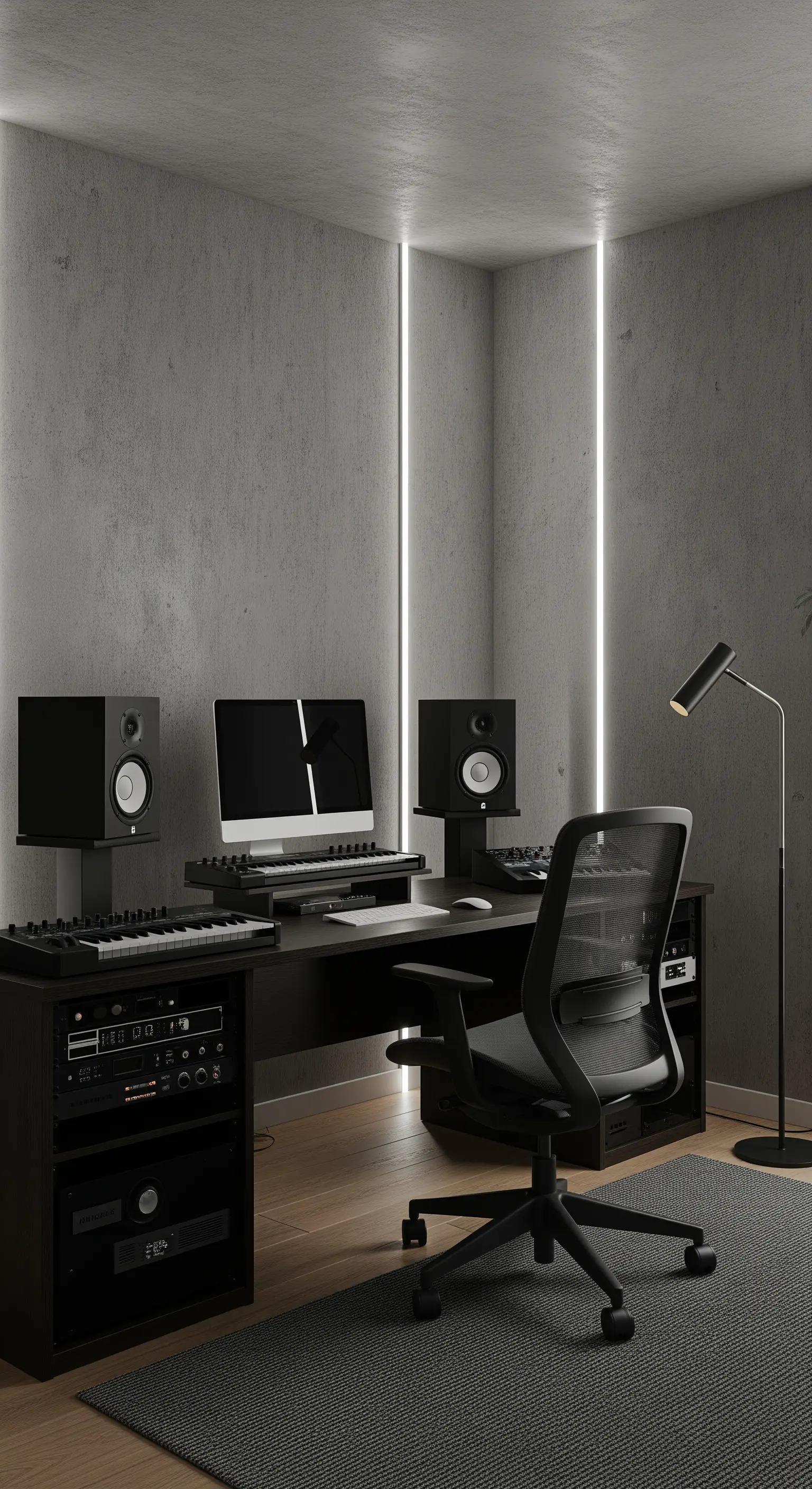 Studio musicale con pareti effetto cemento e illuminazione LED verticale.
