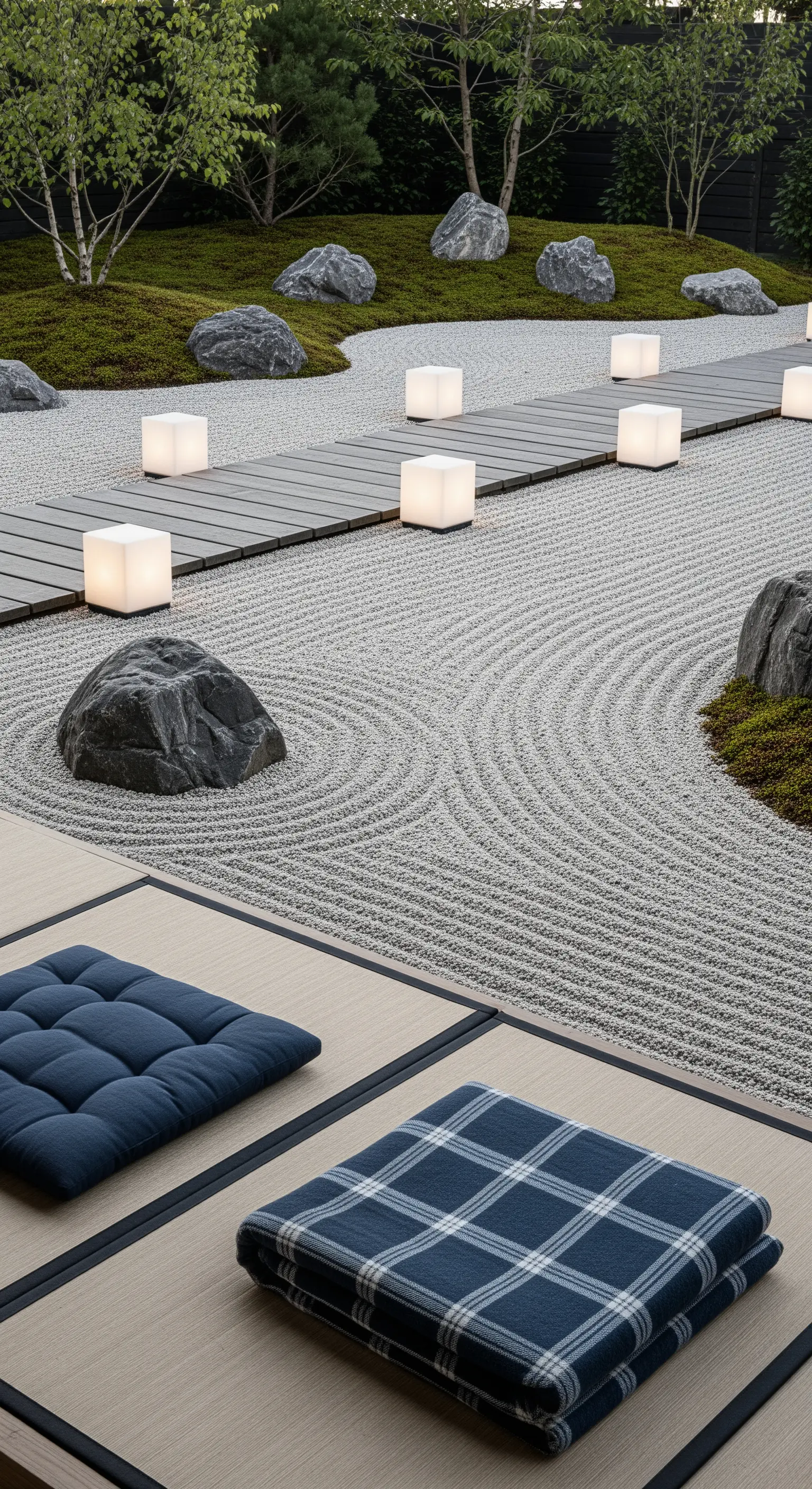 Giardino zen con ghiaia, rocce e piccole lanterne cubiche che illuminano un percorso.